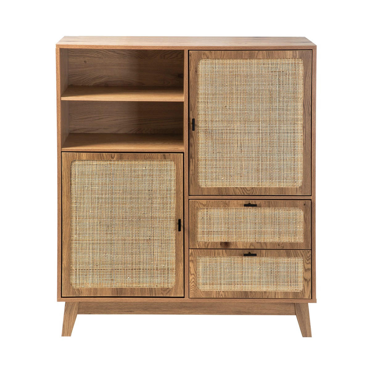 HOHES ANRICHTE 2 Türen 2 Schubladen mit Rattan-Fronten 40/120/100 cm - Eschefarben, Holzwerkstoff (40/120/55cm) - Calicosy
