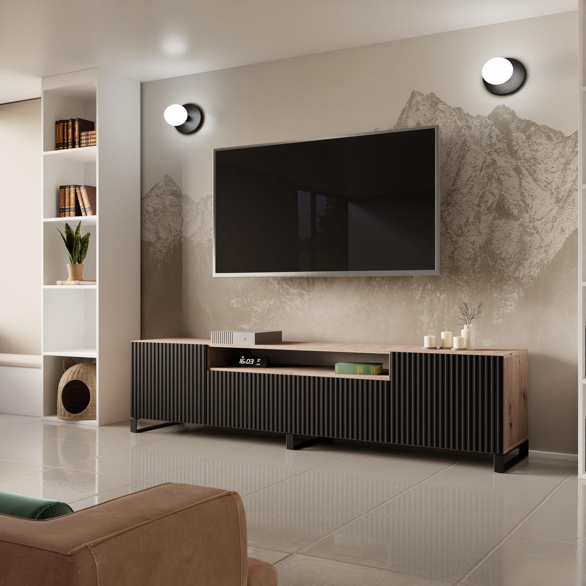 TV-SCHRANK NOE - Schwarz/Eiche Artisan, Holzwerkstoff (200/53/41cm) - Meblini