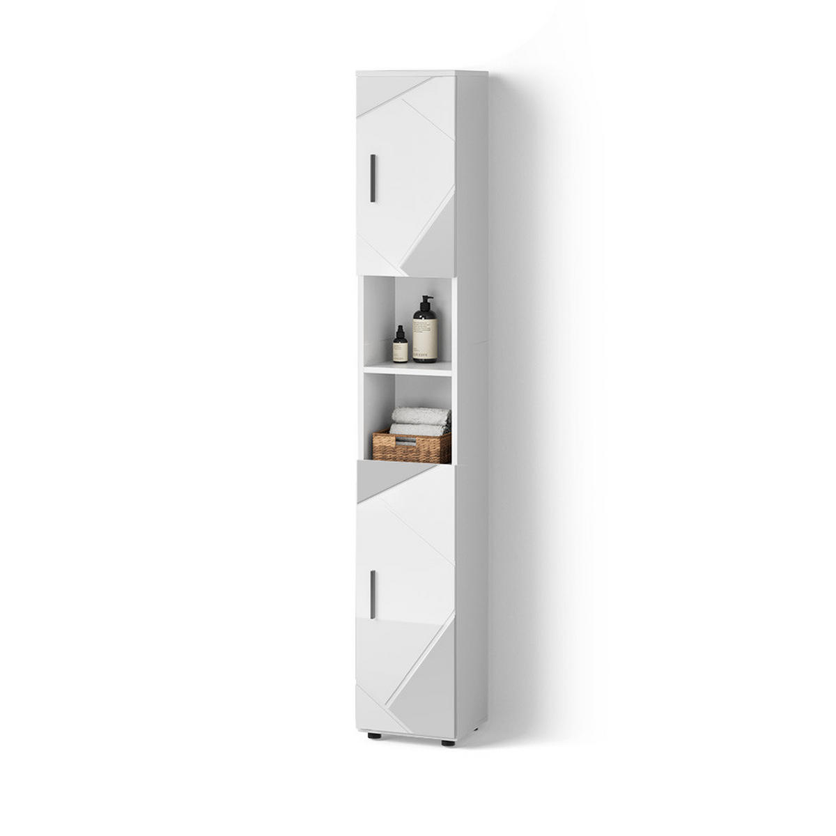 BADSCHRANK Ronco Weiß Hochglanz mit Einsätzen 30 x 192 cm - Weiß Hochglanz/Grau, Holzwerkstoff (30/192/30cm) - Livinity®