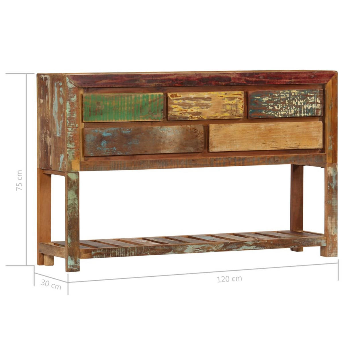 SIDEBOARD mit 5 Schubladen und Ablage, 120/30/75 cm, aus Massives Altholz - Multicolor, Holz (120/75/30cm) - vidaXL