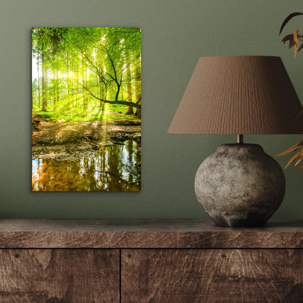 METALLBILD Wald - Landschaft - Wasser - Bäume - Sonne - Grün - Natur 20x30 cm - Grün, Metall (20/30cm) - MuchoWow