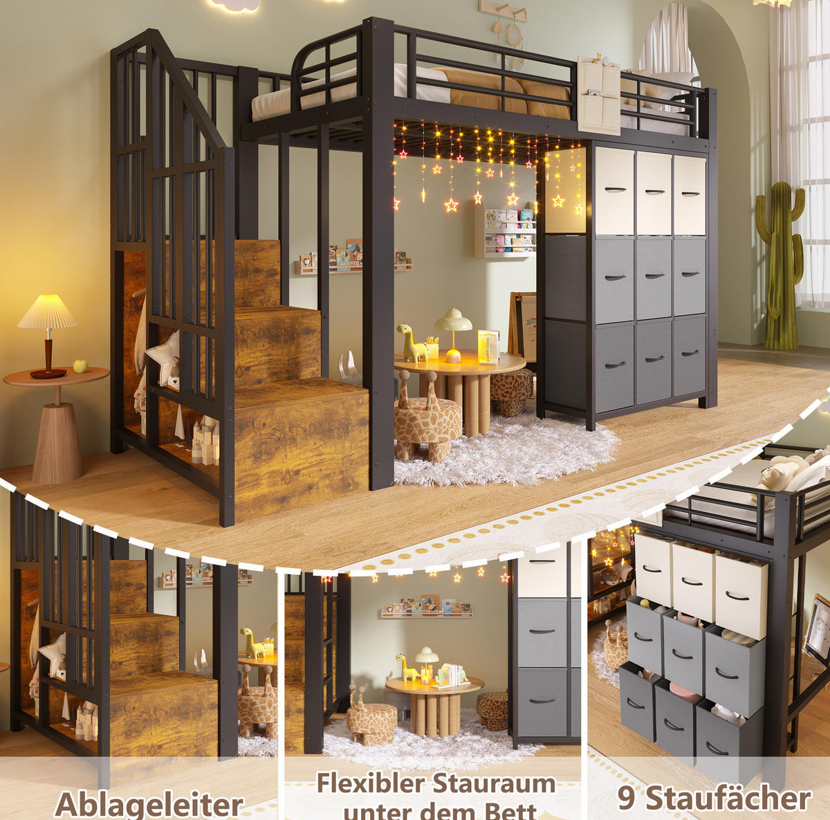 VISOKA postelja 90/200 cm črno-bela s predali, garderobno palico in stopnicami za shranjevanje iz kovine in MDF - bela, leseni material (90/200cm) - OKWISH