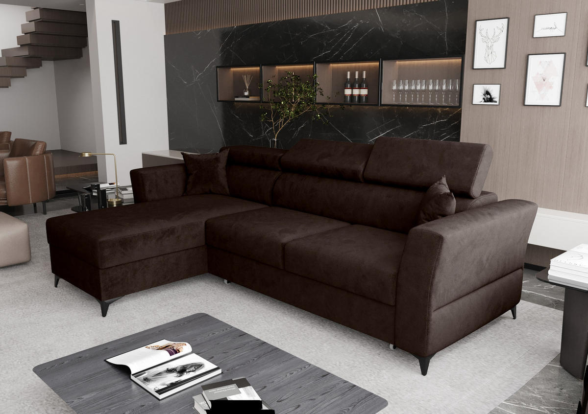 ECKSOFA L Form Ribella Braun 265/180/100 cm Links mit Schlaffunktion - Schwarz/Braun, Textil/Metall (180/265cm) - AX Living