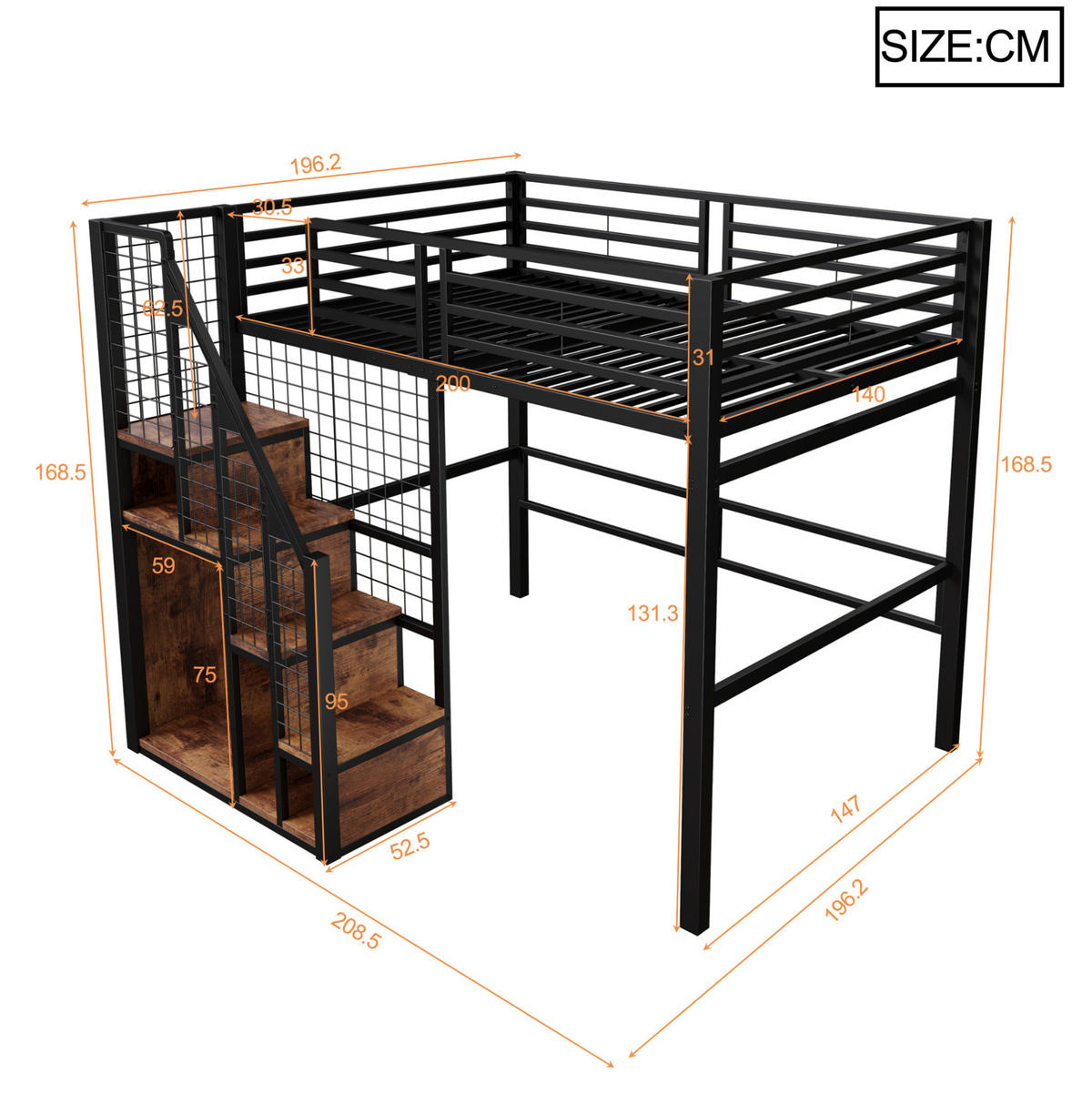 HOCHBETT aus Metall 140x200 cm in Schwarz mit Treppe & Stauraum - Schwarz, Metall (140/200cm) - Modfu