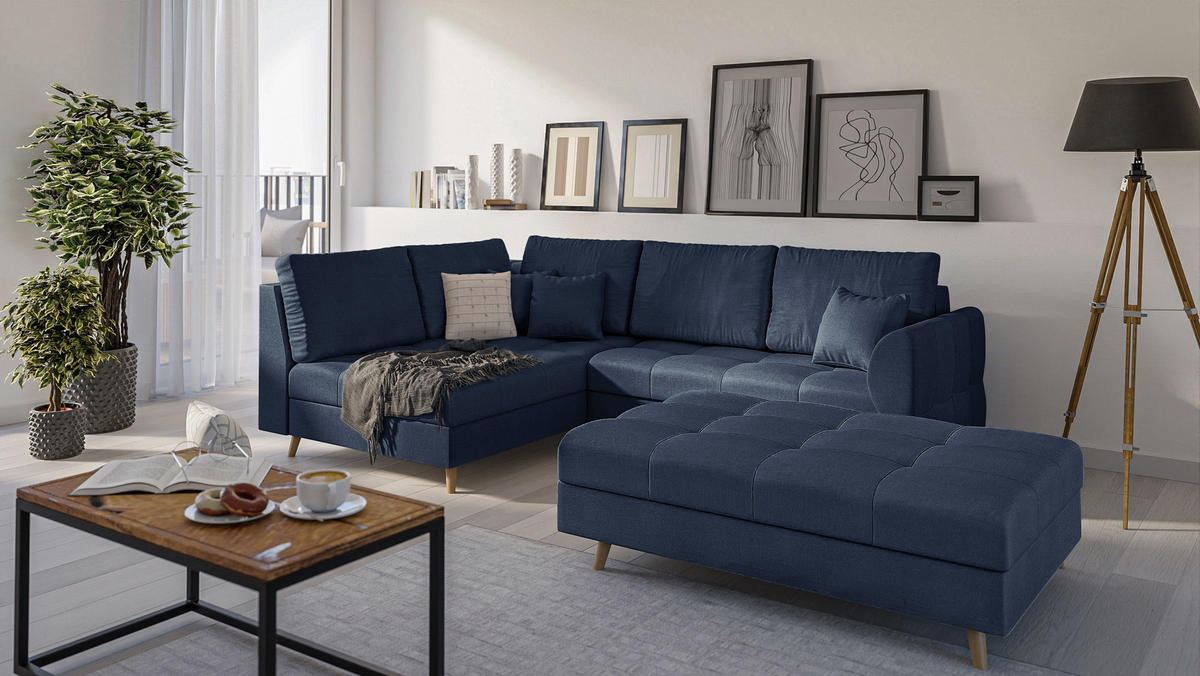ECKSOFA MIT HOCKER Lorine Mikrofaser Dunkelblau - Hellbraun/Dunkelblau, Buchenholz/Textil (231/161cm) - S-Style Möbel