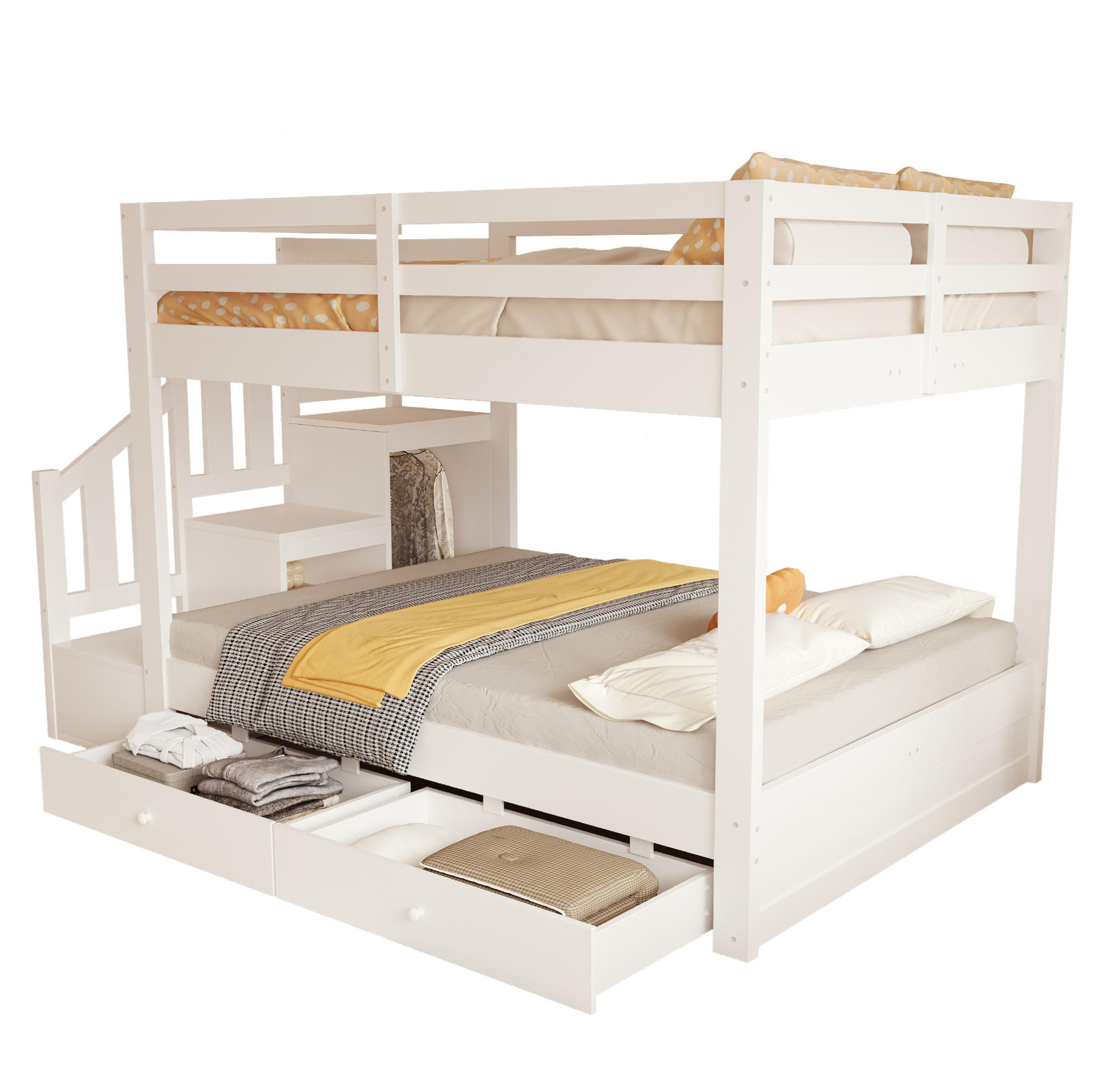 ETAGENBETT 140x200 cm Weiß mit Stauraumtreppe, Kleiderhaken und 2 Schubladen - Weiß, Holz (140/200cm) - Modfu