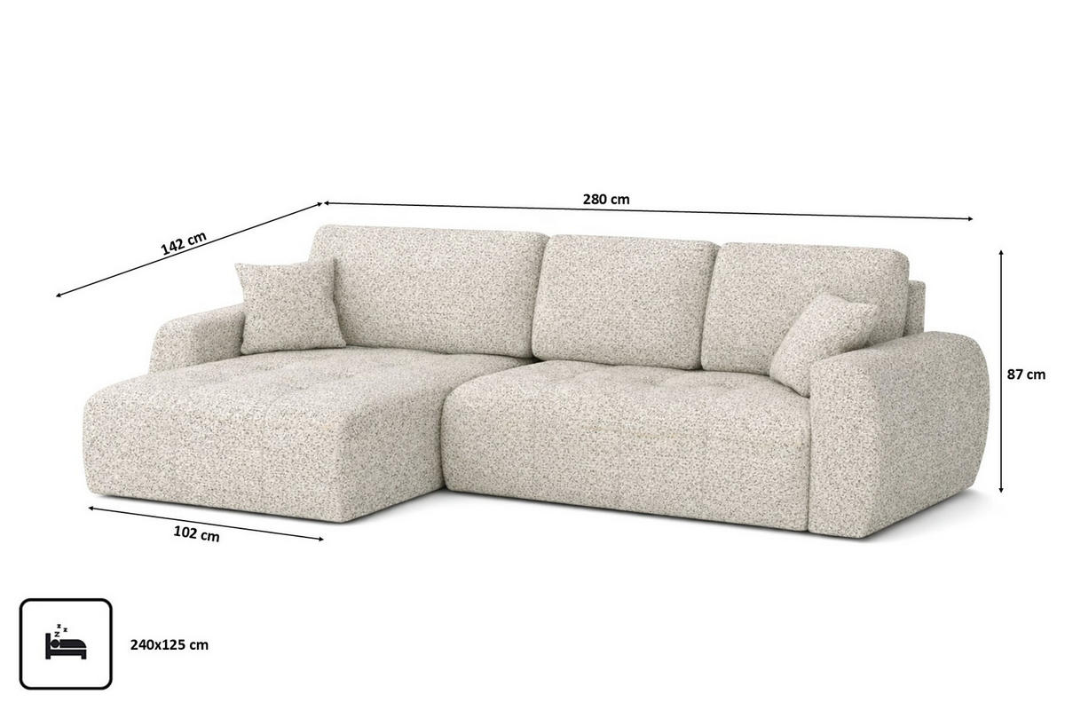 ECKSOFA Mit Schlaffunktion Und Bettkasten L-Form Ivo XL, Chenille-Stoff Artico, Nata, Links - Creme, Holz (280/142cm) - Kaiser Möbel