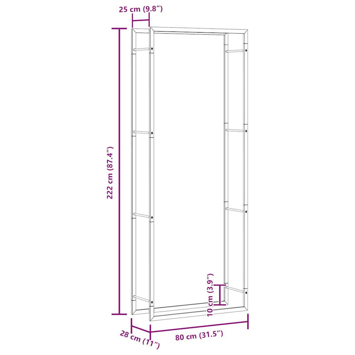 BRENNHOLZREGAL Mattschwarz 80/28/222 Cm Stahl - Schwarz, Metall (28/222/80cm) - vidaXL