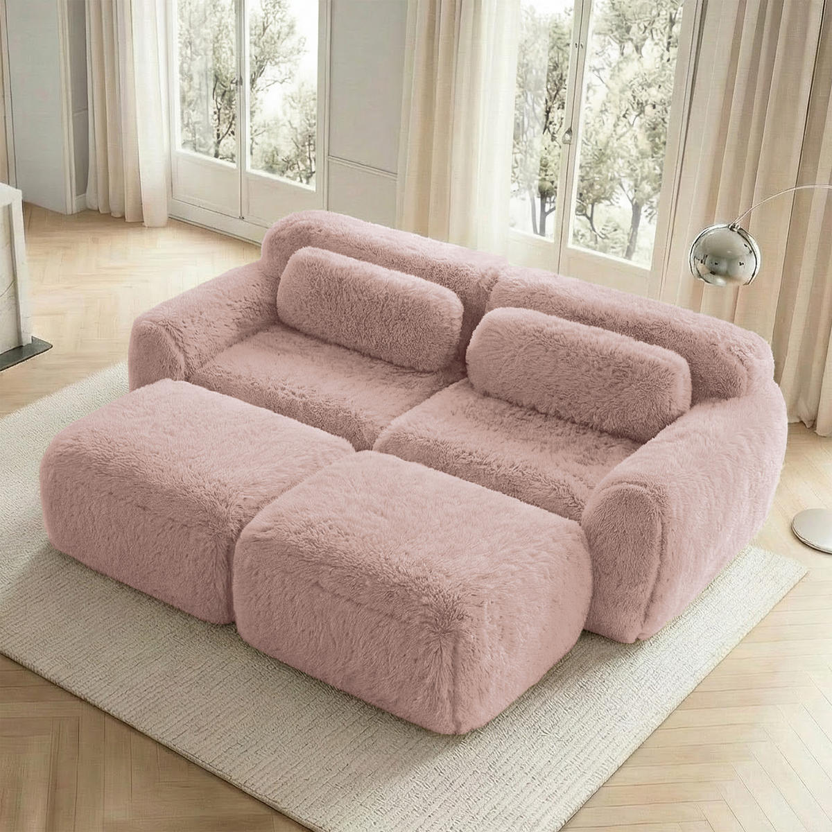 SCHLAFSOFA 2-Sitzer aus Plüschstoff mit 2 Hockern, Rosa - Rosa, Textil (204/73/179cm)