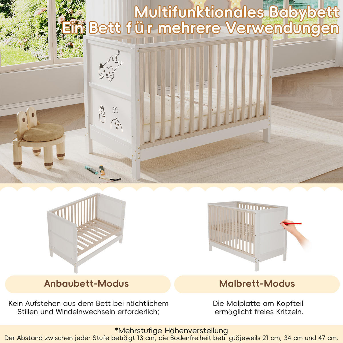 BABYBETT 60/120 cm in Natur/Weiß Massivholz mit bemalbaren Tafeln, 3-fach höhenverstellbar - Weiß/Naturfarben, Holz/Holzwerkstoff (60/120cm) - WISHDOR