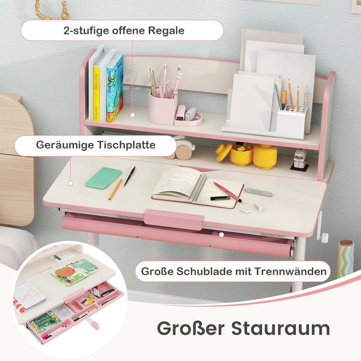 KINDERSCHREIBTISCH Höhenverstellbarer rosa - Pink, Metall (80/81.5/51cm) - COSTWAY