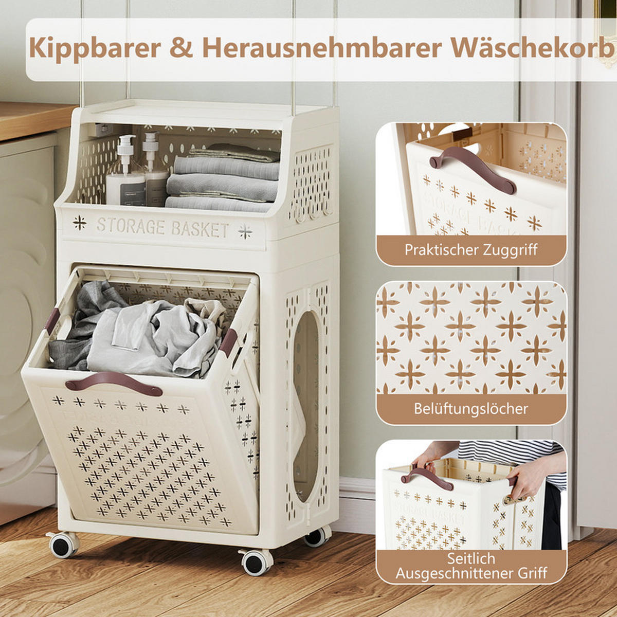 KLEIDERSTÄNDER auf Rollen beige - Beige, Kunststoff (40/136/29.5cm) - COSTWAY
