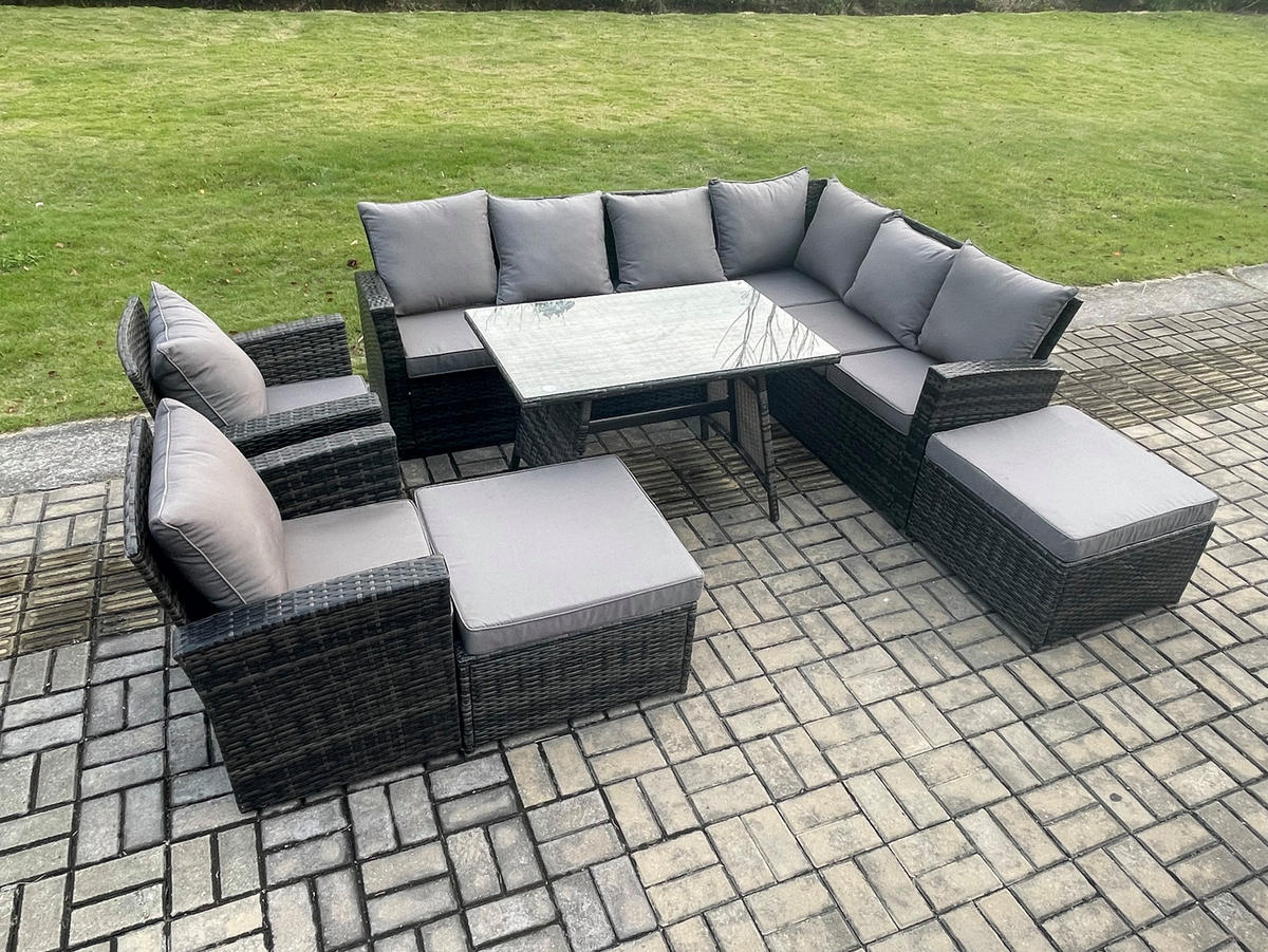 LOUNGEMÖBEL-SETS mit Esstisch Sofa Polyrattan Dunkelgrau 10-Sitzer - Dunkelgrau/Grau, Glas/Kunststoff - Fimous