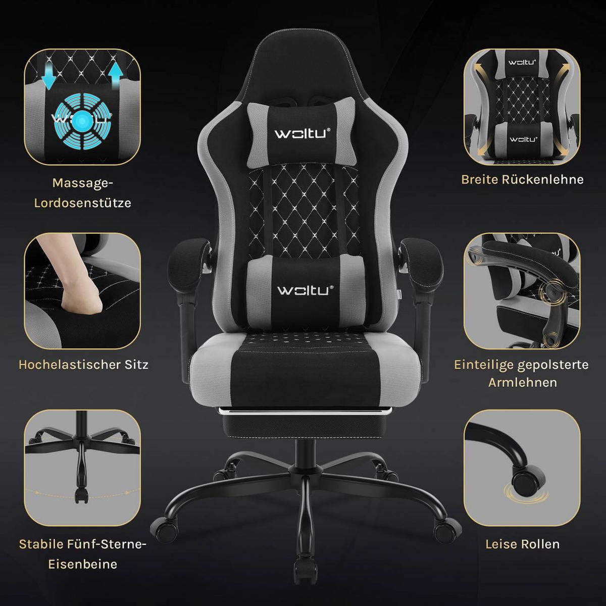 GAMINGSTUHL mit Massagefunktion, Netzstoff, Schwarz+Grau - Schwarz/Grau, Textil/Metall (70/127/70cm) - Woltu