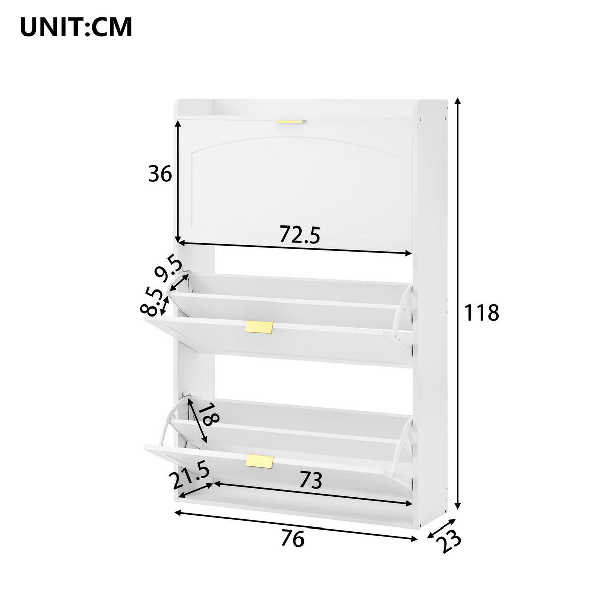 SCHUHSCHRANK Schmal 3 Klappen Weiß 76x23x118cm - Weiß, Holzwerkstoff (23/118/76cm) - FLIEKS