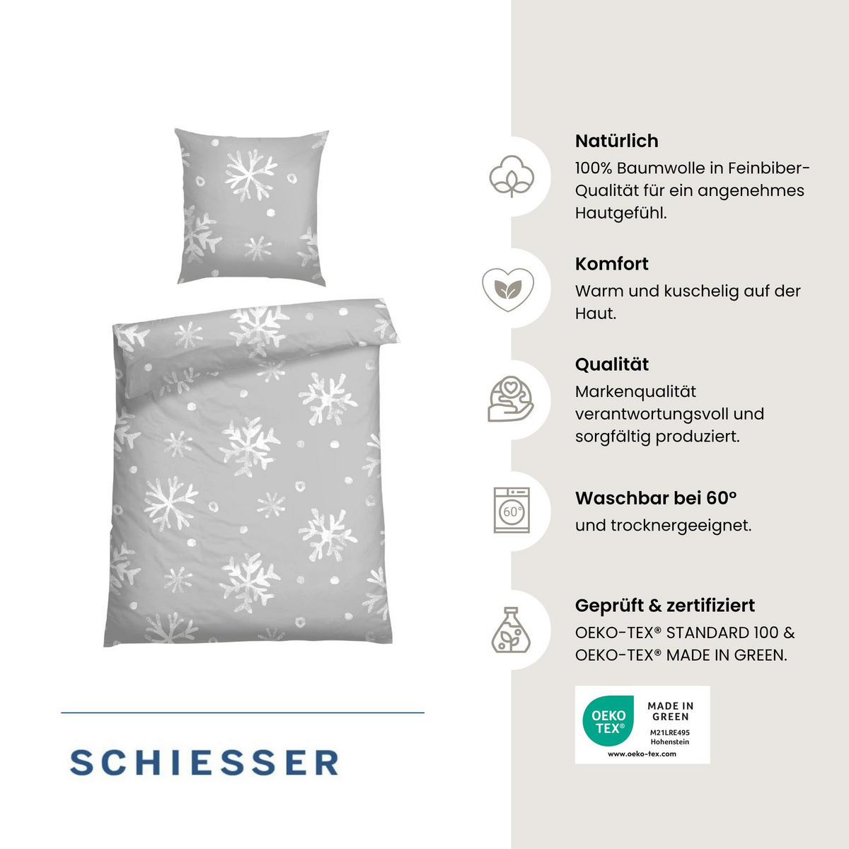 BETTWÄSCHESET Skadi - Feinbiber - 2-teilig - 135x200 cm - Grau - Grau, Textil (135/200cm) - SCHIESSER