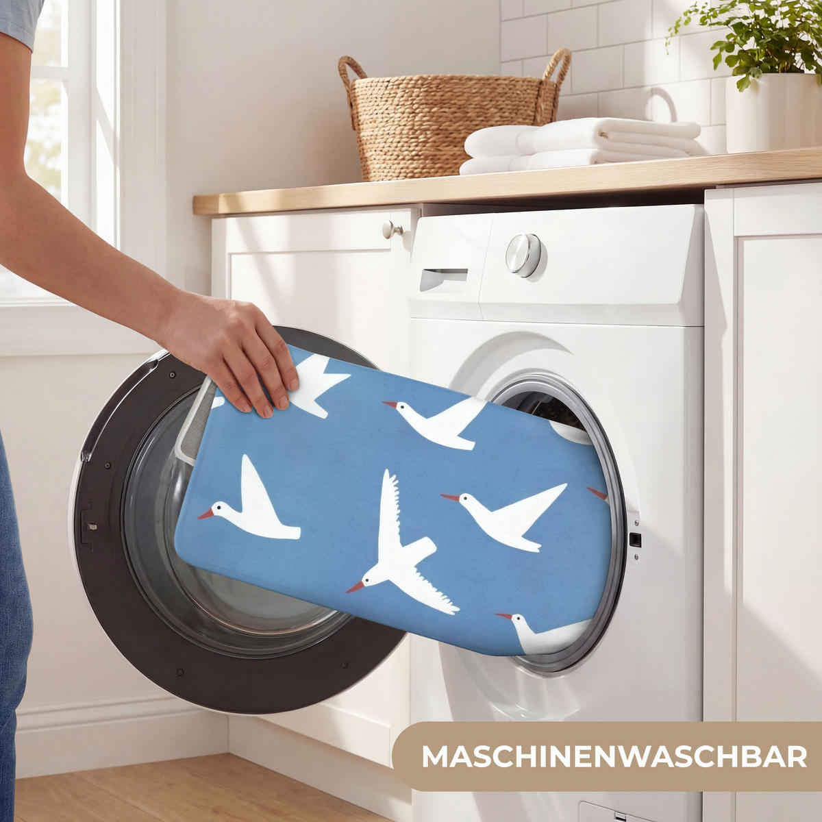 BADEMATTE Vögel - Weiß - Muster 60x40 cm - Blau, Kunststoff/Textil (60/40cm)