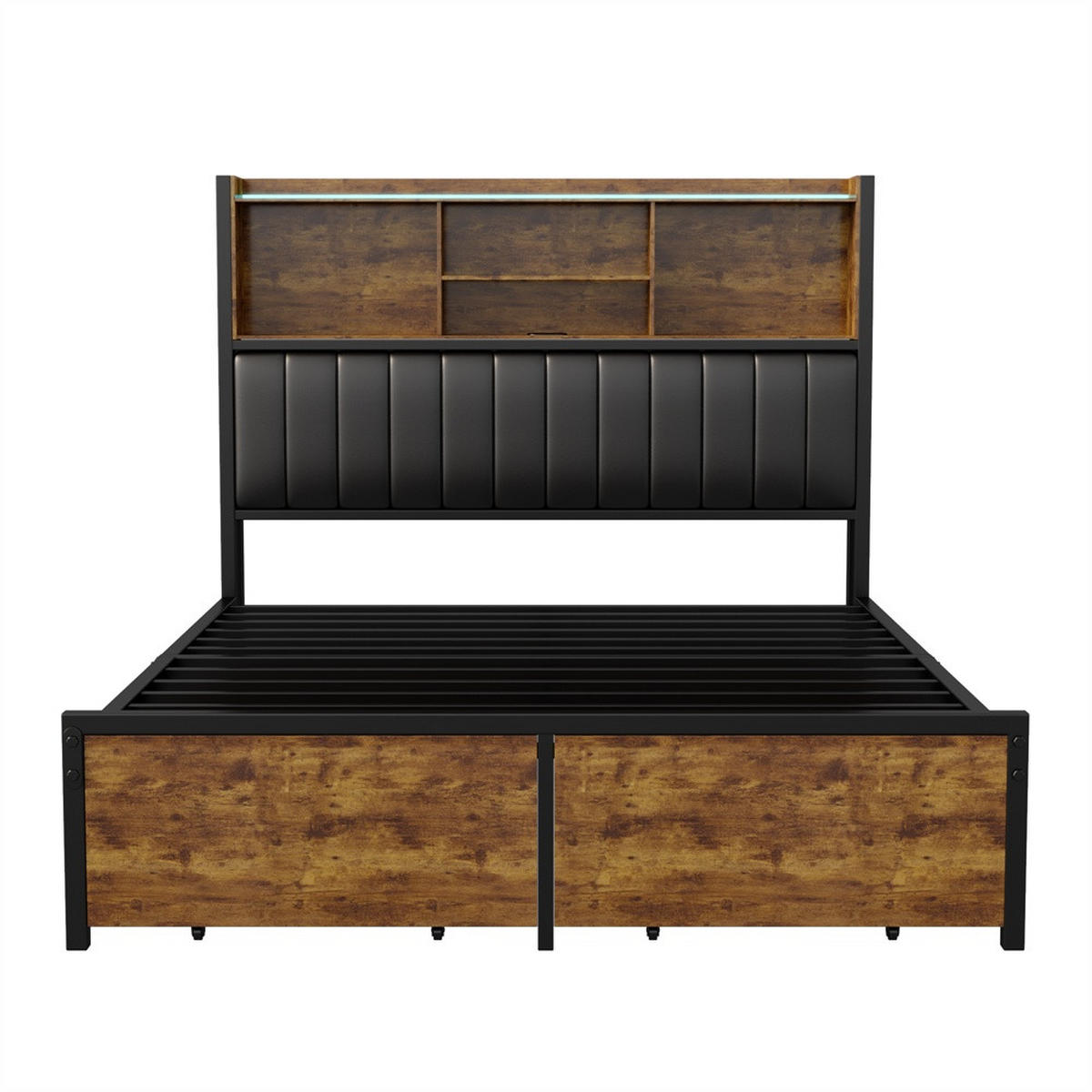 METALLBETT 140 x 200 cm mit 2 Schubladen - Kopfteil-Ablage mit LED-Beleuchtung und USB-Anschlüsse - Braun-Schwarz - Braun, Metall (140/200cm) - DELFA
