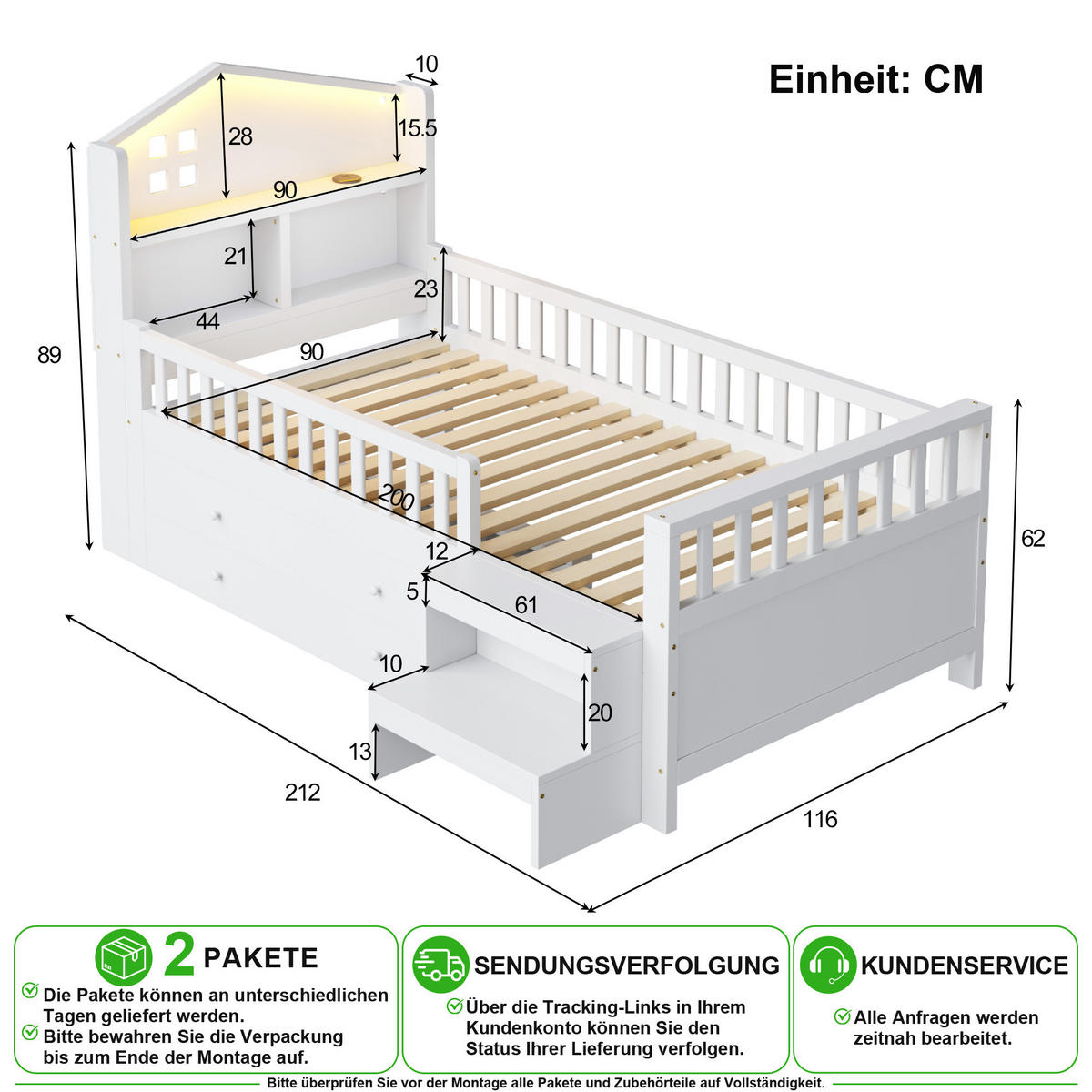 KINDERBETT 90/200 cm in Weiß mit 4 Schubladen, LED, USB und Type-C - Weiß, Holz/Holzwerkstoff (90/200cm) - CHICFURN