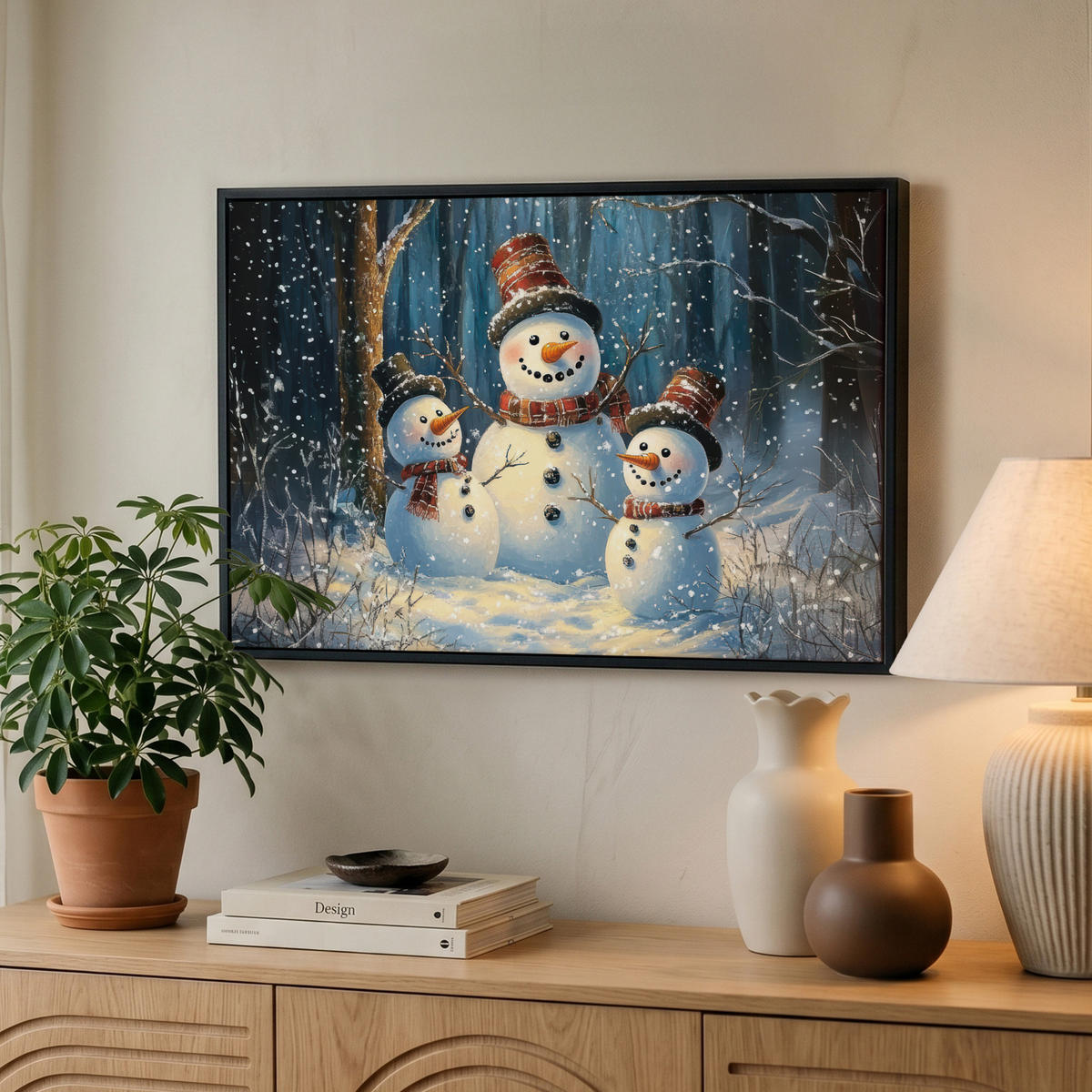 LEINWAND Bilder mit Rahmen - Schneemann - Schnee - Winter - Wald - 60x40 - Hellblau, Textil (60/40cm) - MuchoWow