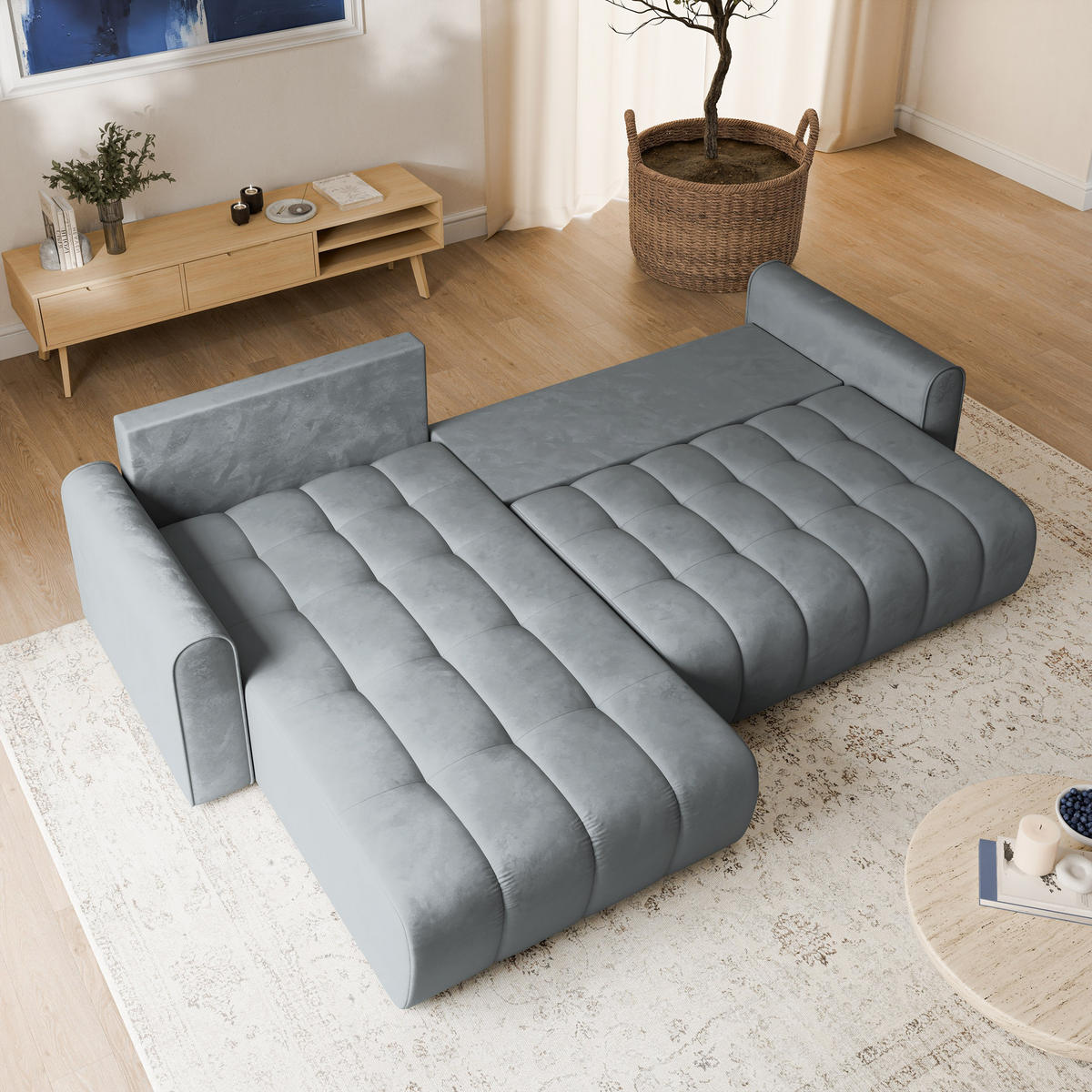 ECKSOFA FRIGA Grau Velours-Stoff mit Schlaffunktion - Grau, Holz (283/185cm) - MASSENO