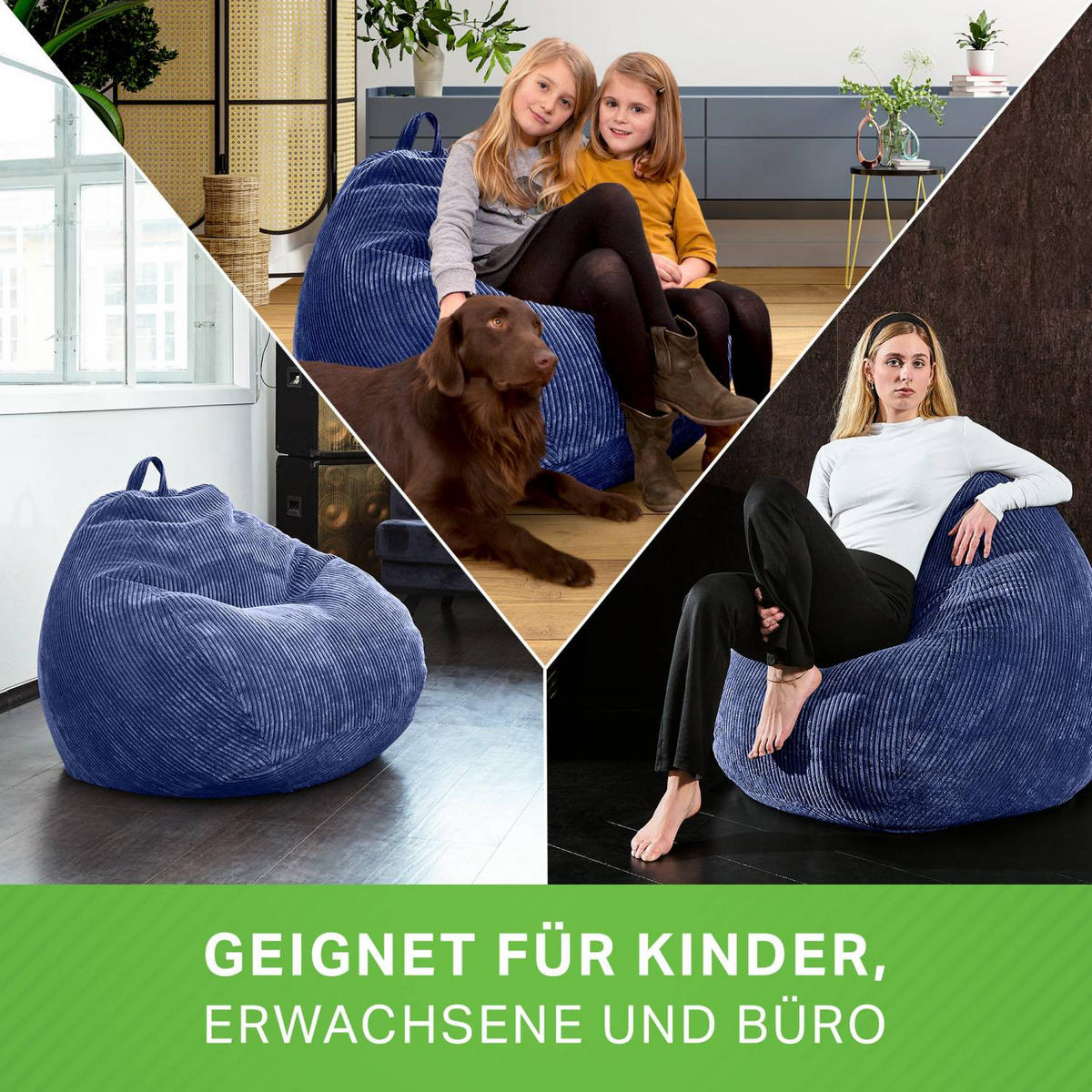 SITZSACK Indoor "Scoop" 90x110cm - Cord - Dunkelblau, Textil (90/110/90cm) - Green Bean