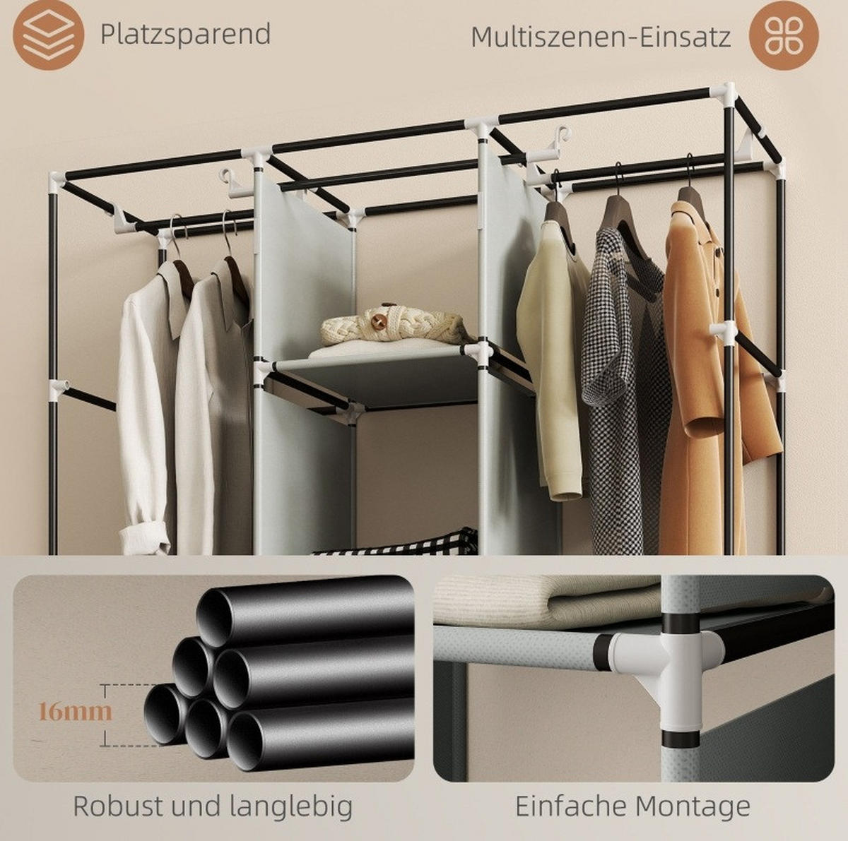 KLEIDERSCHRANK 125/162,5/43 cm Hellgrau aus Stahl mit Reißverschluss - Hellgrau, Metall (43/162.5/125cm) - OKMYHOME