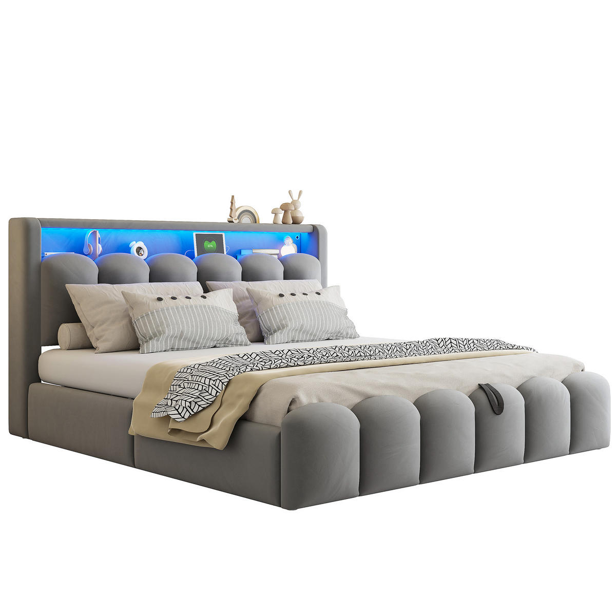 POLSTERBETT 180x200 cm LED USB Stauraum grau - Grau, Textil (180/200cm) - LEBENLANG