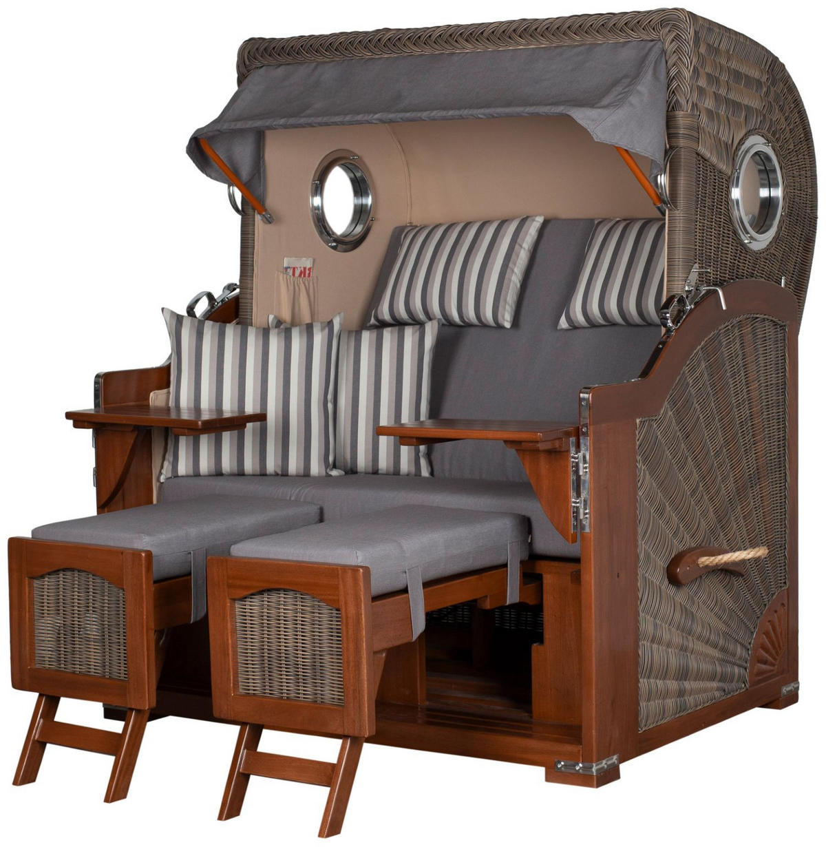 STRANDKORB Komplettset: Ammersee Grande XL Mahagoni Bullauge - PE grau - Modell 544 - Grau, Holz/Kunststoff (142/165/95cm) - bene living