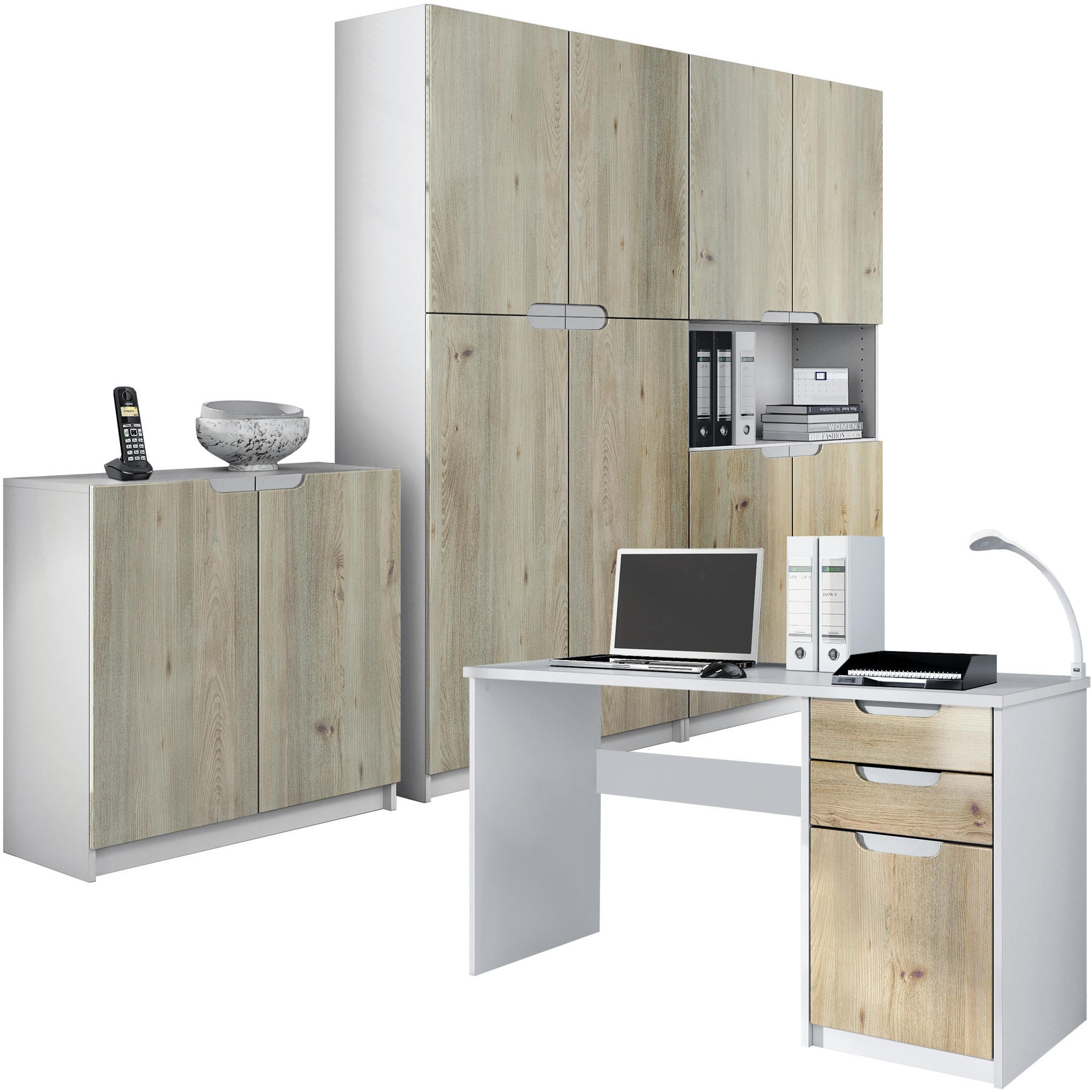 BÜROMÖBELSET Logan Fronten in Eiche Nordic - Silbereichenfarben, Holzwerkstoff (246/185/60cm) - Vladon