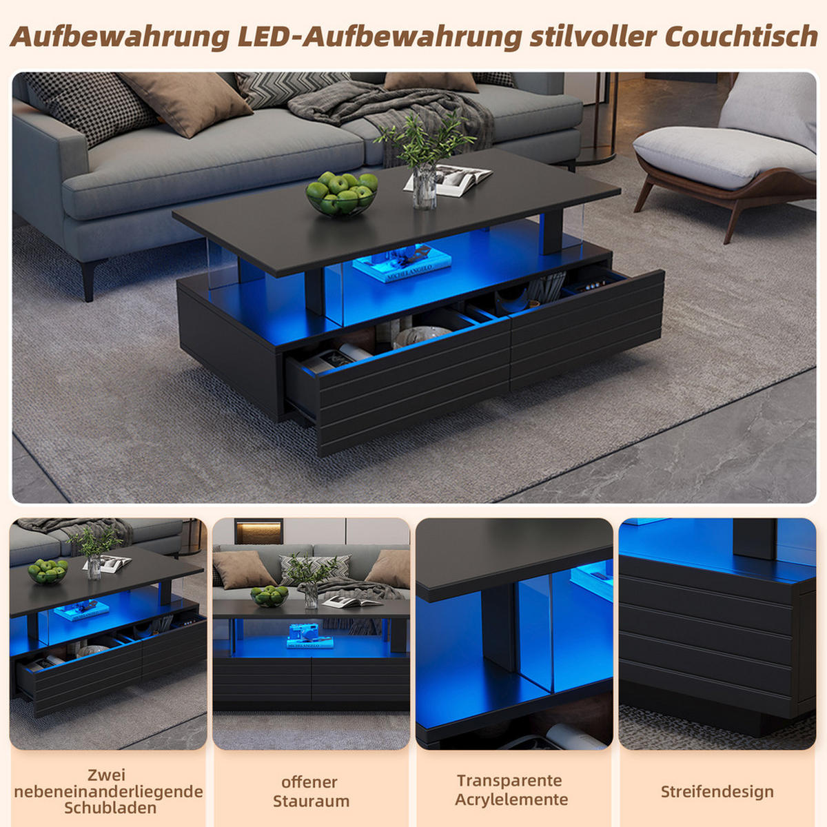 COUCHTISCH rechteckig LED mit Stauraum und Wireless Steuerung - Schwarz, Holz (112.4/60.96/42.5cm) - FLIEKS