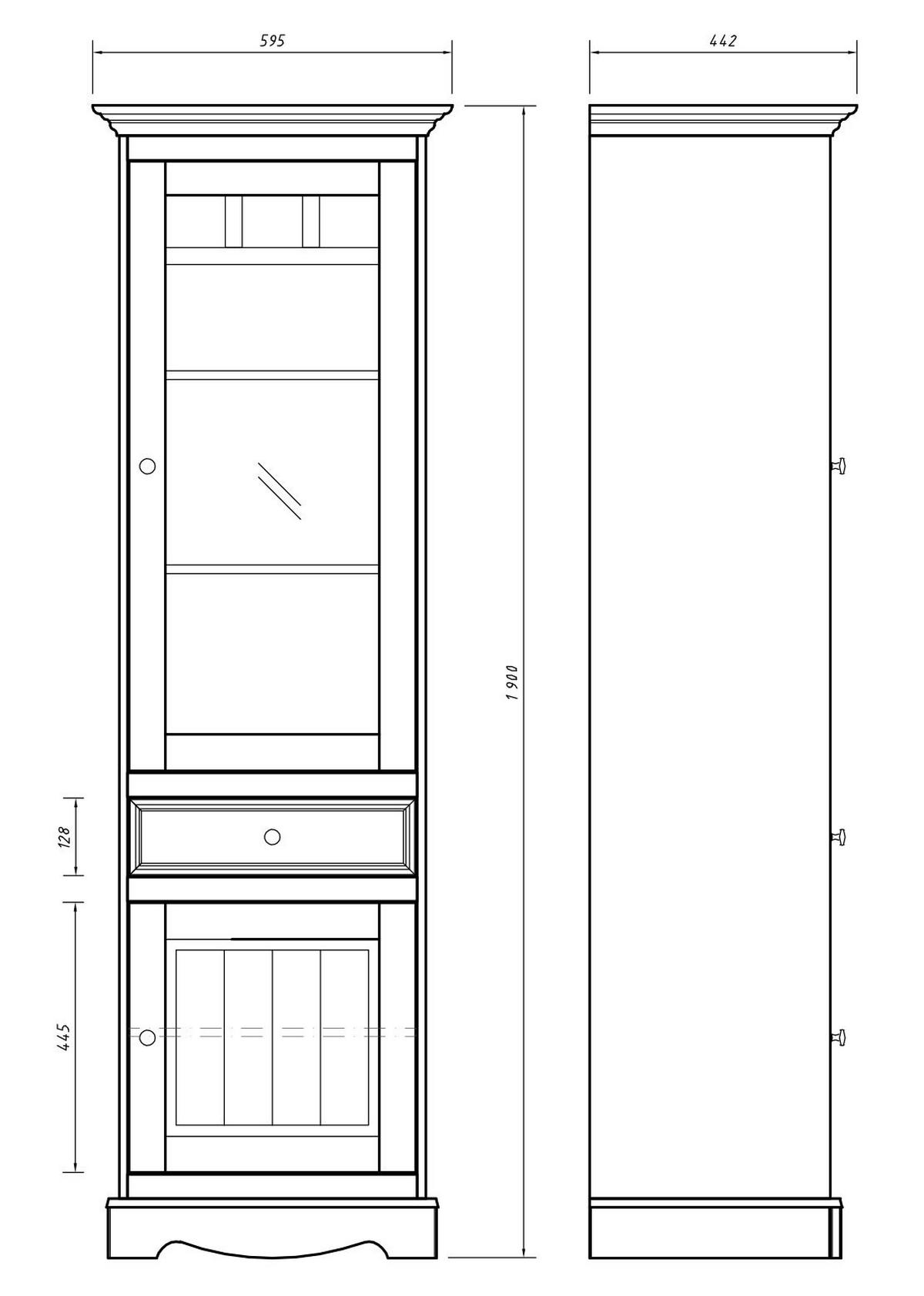 VITRINE Belluno Elegante Kiefer weiß (RAL9010) lackiert / Kiefer gebeizt, Nussbaumfarben 59,5 / 44 / 190cm - Nussbaumfarben/Weiß, Holz/Metall (60/190/44cm) - Feldmann-Wohnen