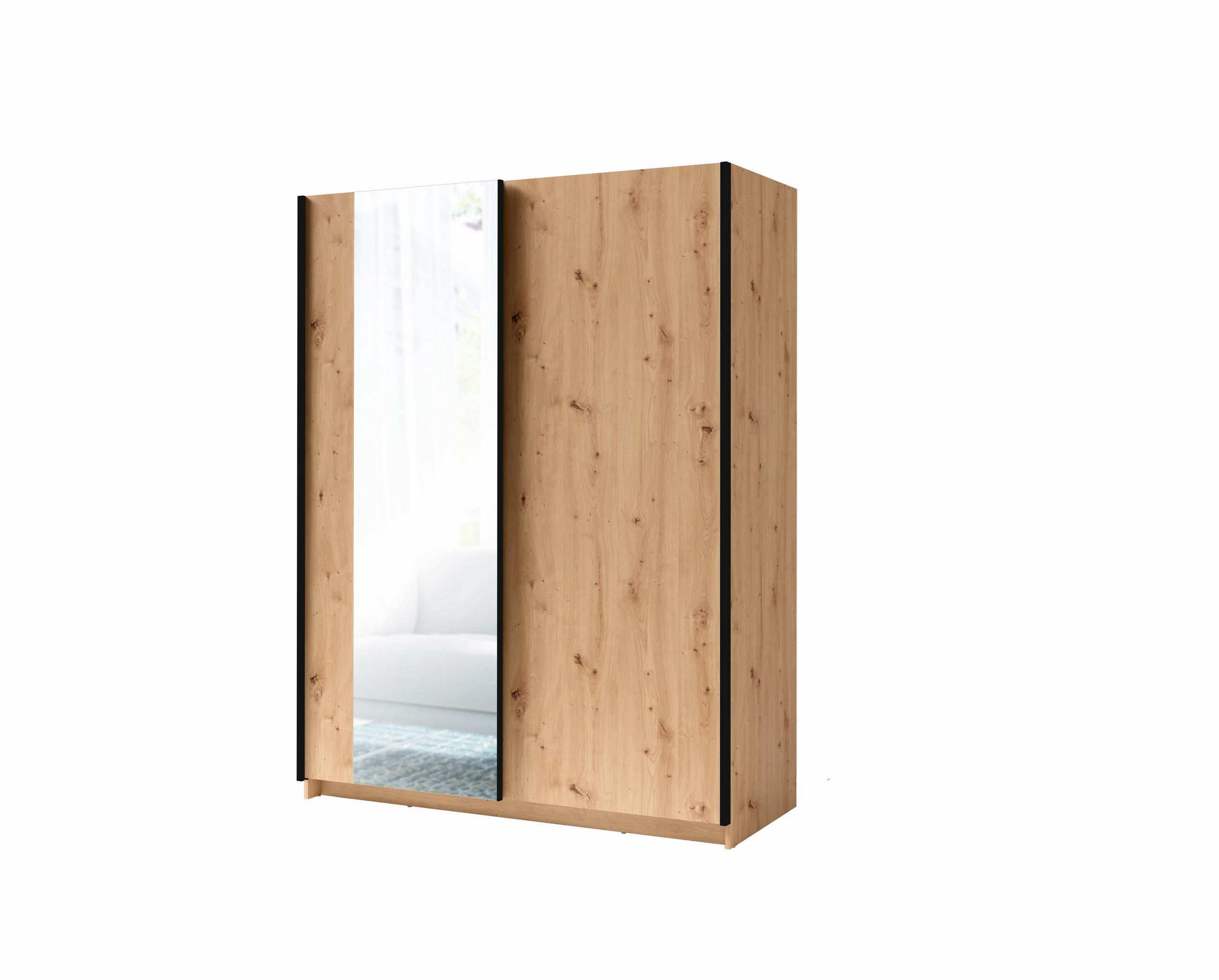 SCHWEBETÜRENSCHRANK ELRON 150,6/198,5/62cm 2-türig mit Spiegel Eiche Artisan - Eiche Artisan, Holzwerkstoff (150.6/198.5/62cm) - MASSENO