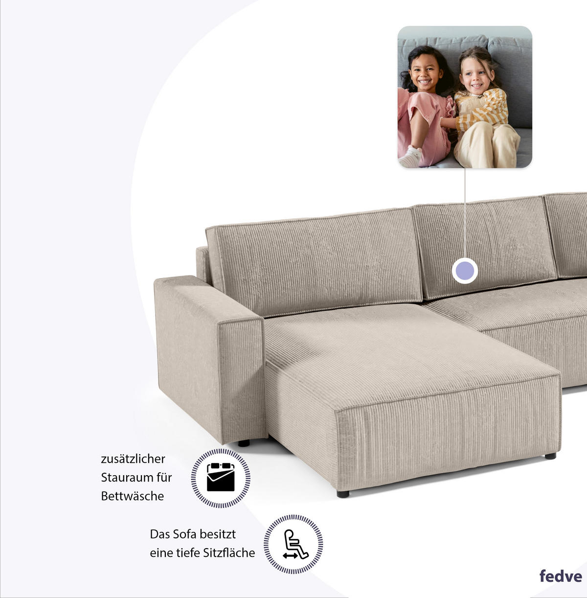 WOHNLANDSCHAFT Sekwana U Beige - Beige, Naturmaterialien (185/70/398cm) - Fedve