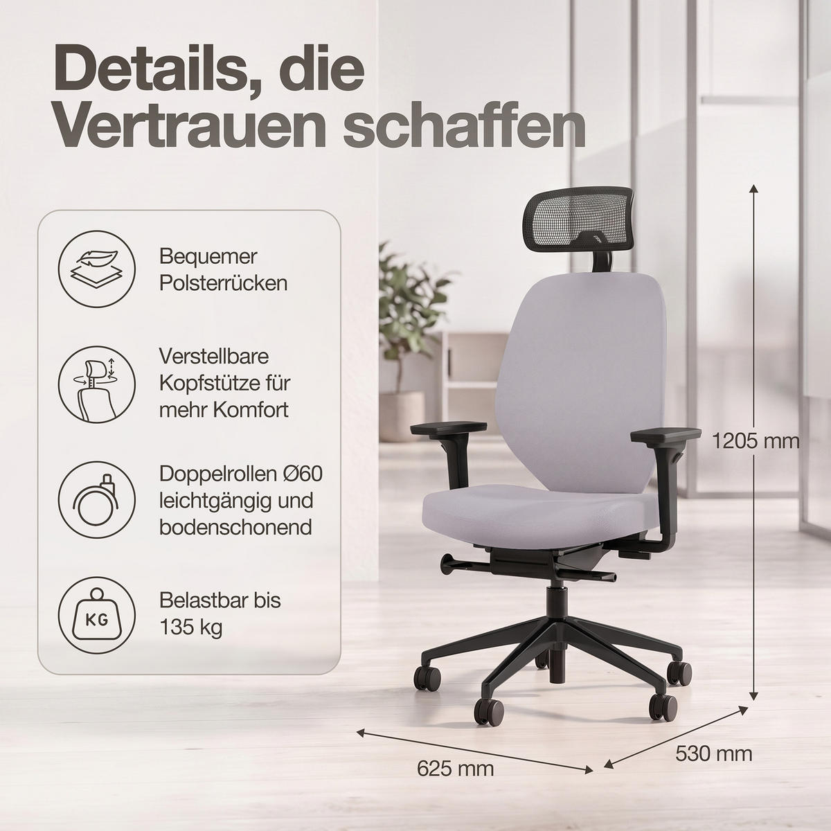 DREHSTUHL Ergonomischer Bürostuhl Atessa mit Polsterrücken und Kopfstütze / Mit Kopfstütze Hellgrau Ergonomischer Polsterrücken - Hellgrau, Textil (62.5/120.5/45cm) - ASSMANN