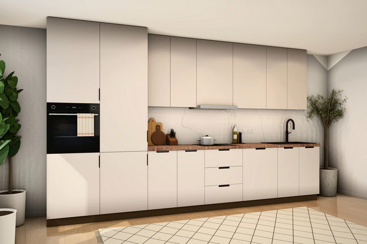KÜCHENZEILE Sorento Beige – 400 cm – K73-G400 L – mit Vorrats-Hochschrank - Beige/Schwarz, Holzwerkstoff/Metall (400/247/58cm) - ROYAL24_MARKT