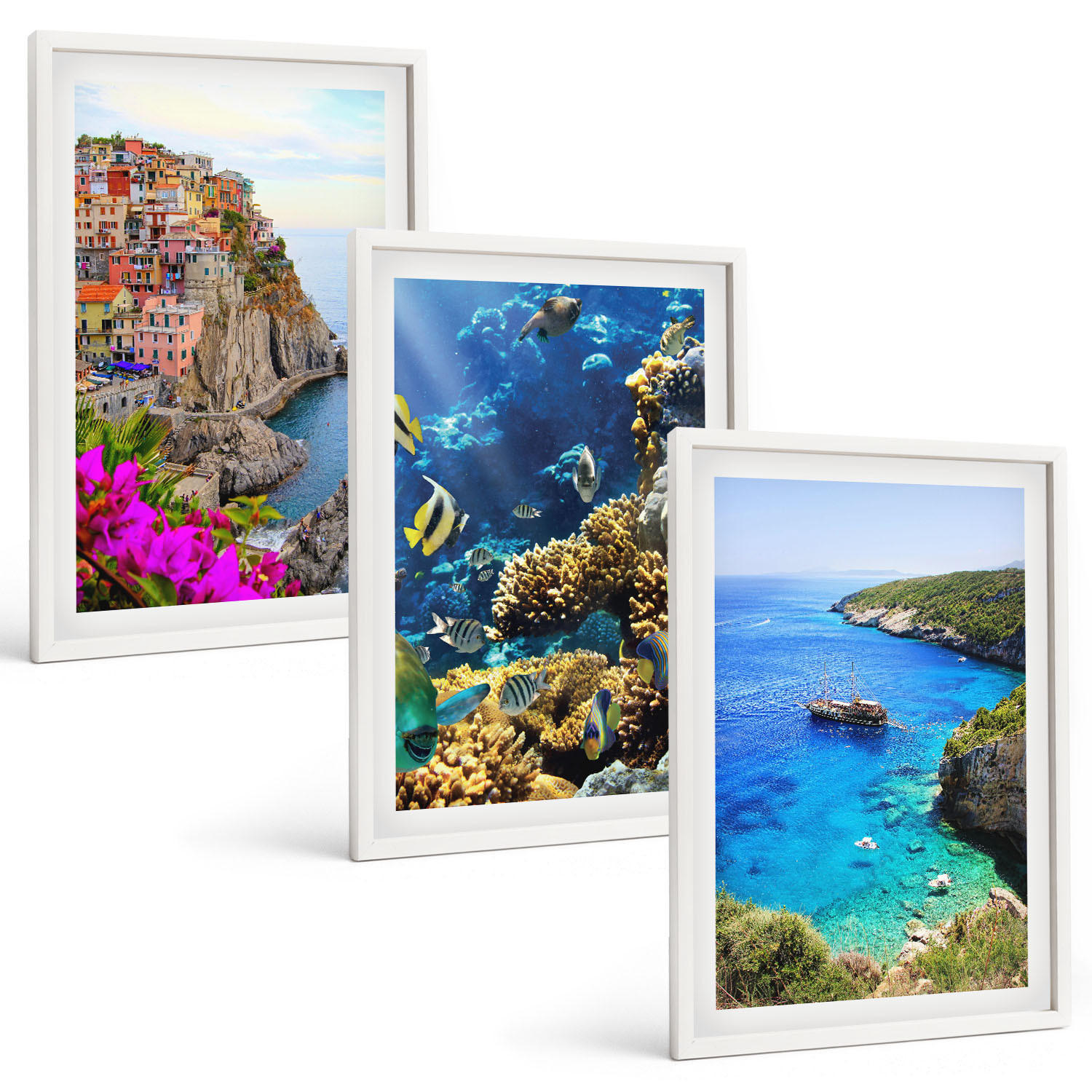 BILDER SET 3er Set - 40x60 cm Weißer Rahmen - Meerblick, farbenfrohe Häuser - Weiß, Kunststoff (40/60cm) - TULUP