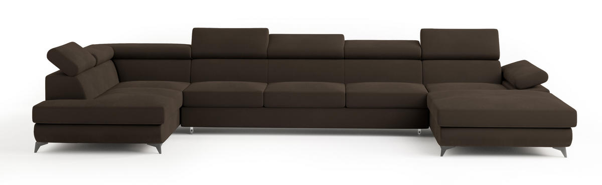 WOHNLANDSCHAFT MONTIVA Braun Velours-Stoff mit Schlaffunktion - Braun, Holz (410/89/190cm) - MASSENO