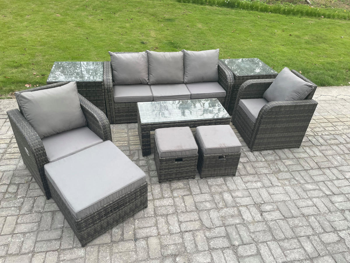 GARTENSOFA SET mit LIEGESTUHL Polyrattan 8-Sitzer Dunkelgrau - Dunkelgrau/Grau, Glas/Kunststoff - Fimous