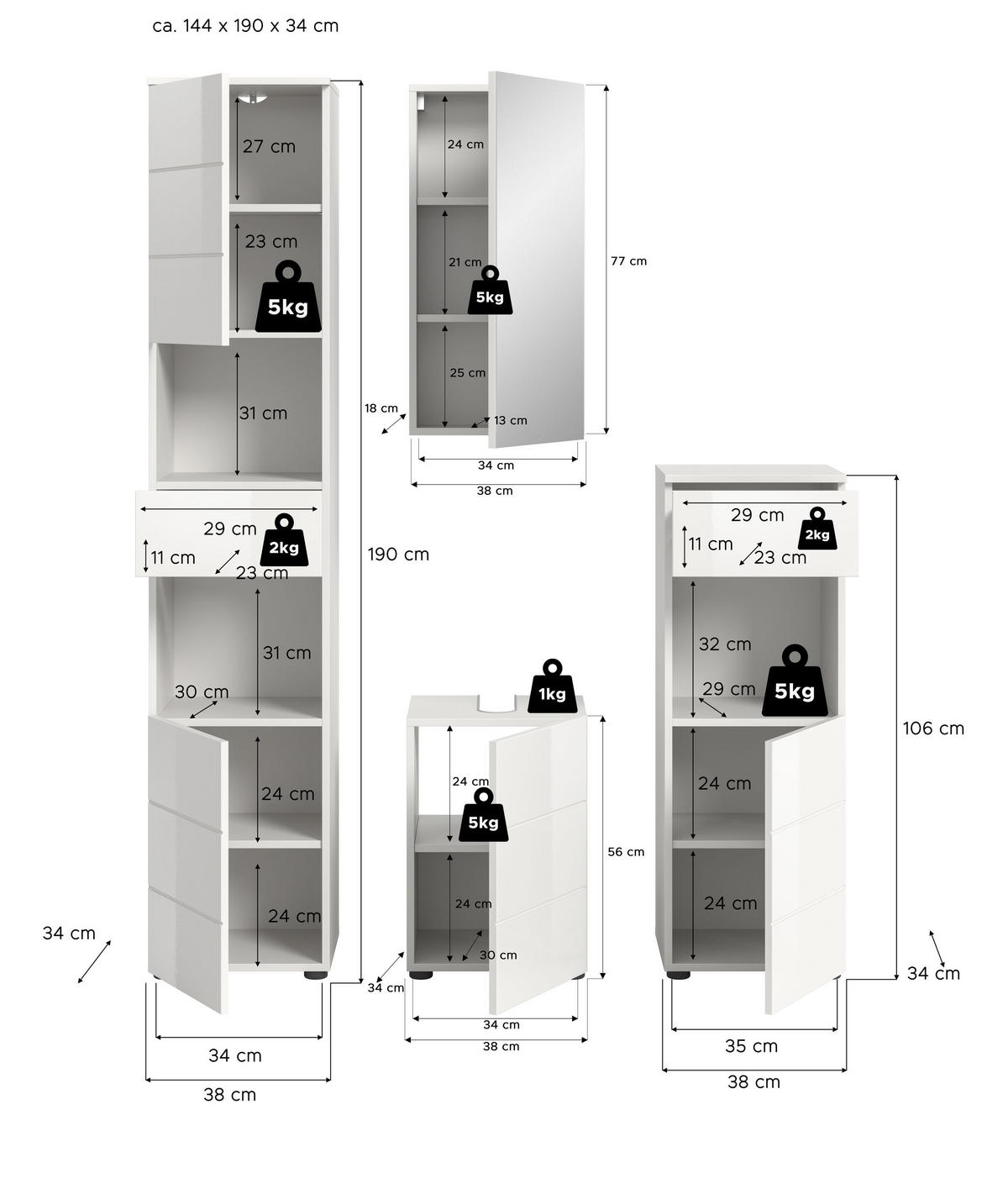 BADMÖBEL Set Vira 4tlg. Bad Kombination in Weiß (B/H/T: 144x190x34 cm) - Weiß, Holz (144/190/34cm)