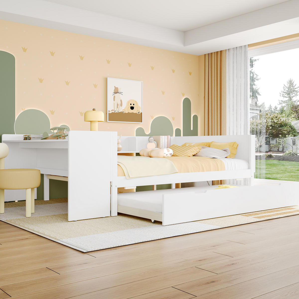KINDERBETT 140/200 cm Weiß mit Schreibtisch, Regalen und Rollbett - Weiß, Holz (140/200cm) - Flora Grace