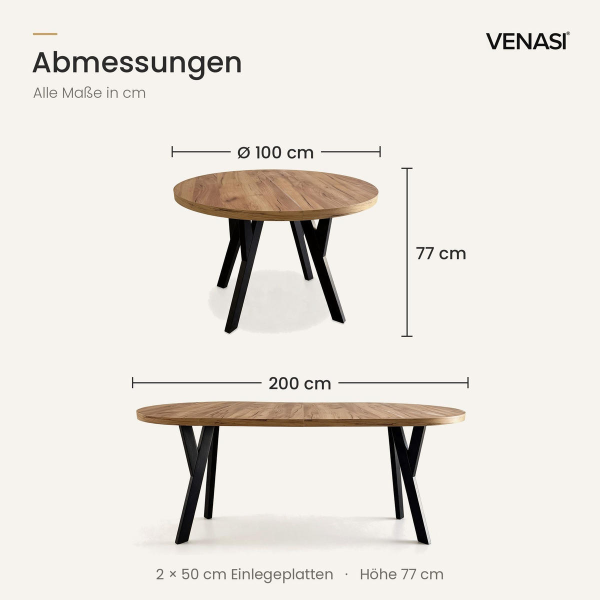 ESSTISCH ausziehbar rund 100-200 cm ATO Craft, Auszugstisch mit Einlegeplatte - Schwarz/Braun, Holzwerkstoff (100/100/77cm) - VENASI MÖBEL
