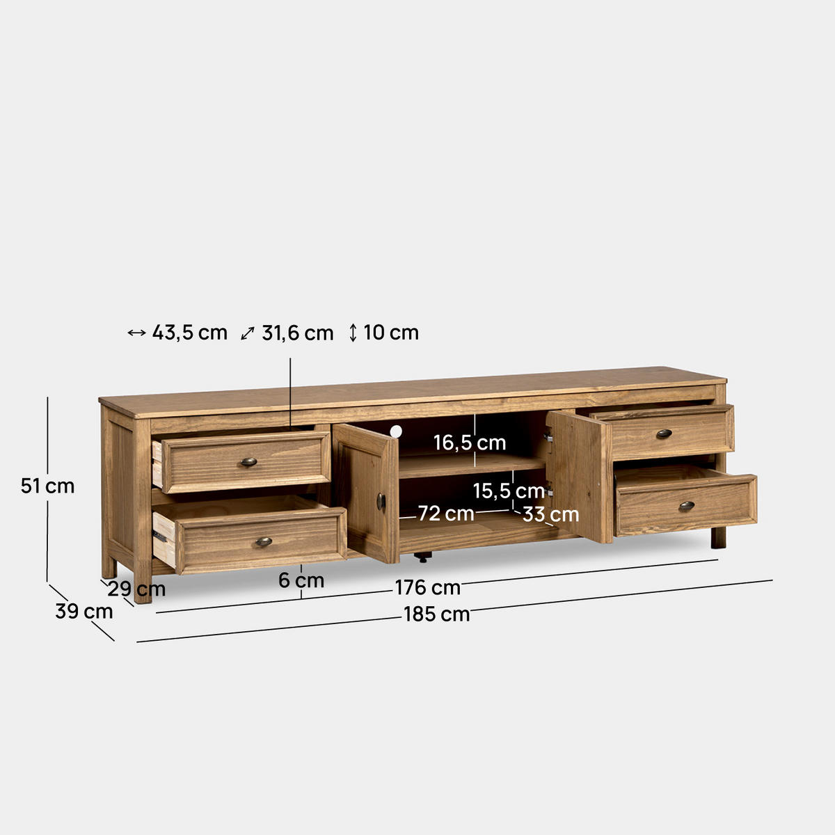 TV-ELEMENT Serena Natürlich 185 cm x 51 cm - Naturfarben, Holz (185/51/39cm) - Klast Home