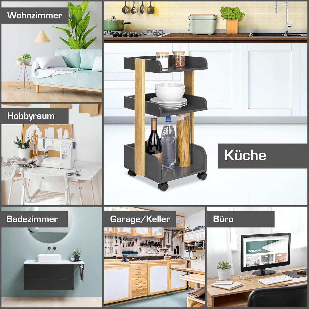 ROLLWAGEN Bosse Anthrazit-Eiche - Anthrazit/Multicolor, Holz/Holzwerkstoff (32/69/35cm) - BoMoe