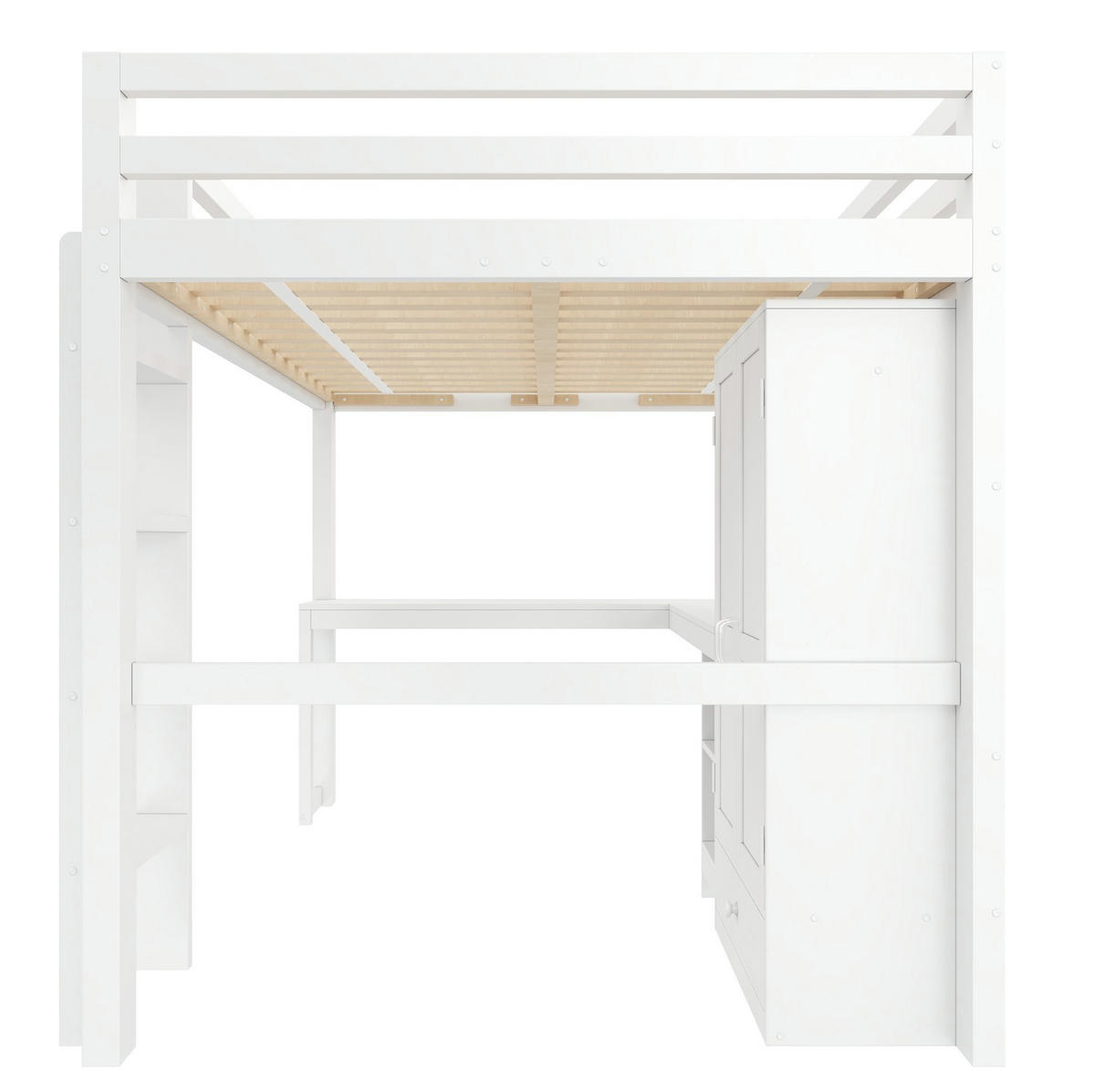 HOCHBETT aus Kiefernholz 140x200 cm Weiß mit Schreibtisch, Kleiderschrank, USB-Anschluss und LED-Beleuchtung - Weiß, Holzwerkstoff (140/200cm) - Modfu