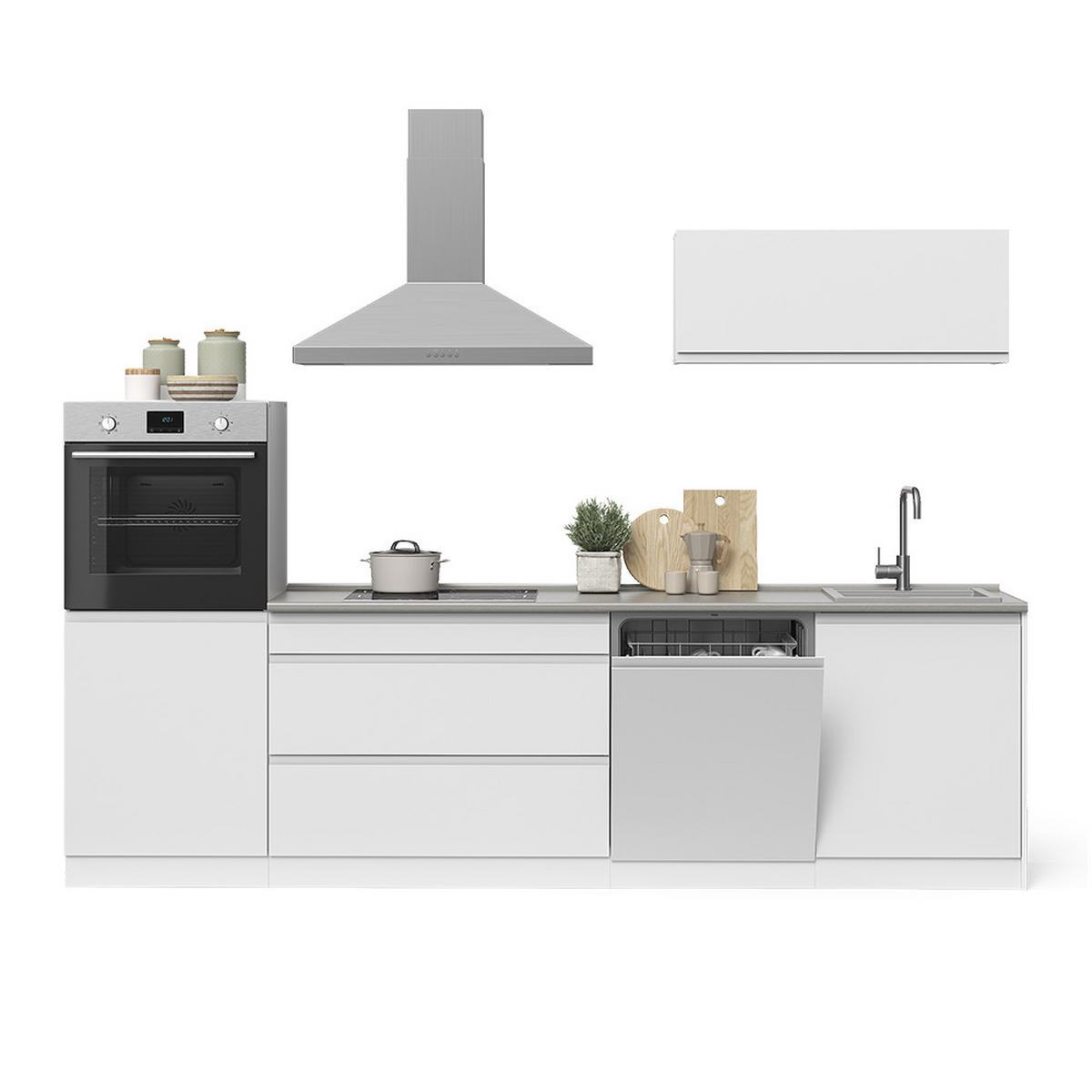 KÜCHENZEILE R-Line, Weiß/Weiß, 280 cm Arbeitsplatte Satin - Weiß, Holzwerkstoff (280/143/60cm) - Vicco