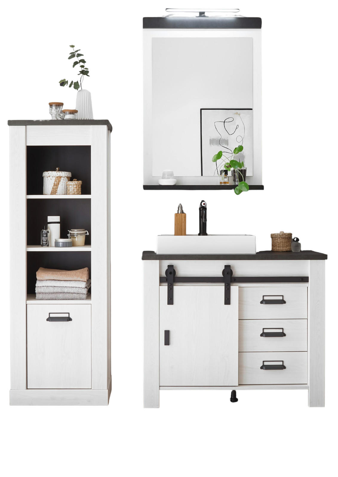 BADMÖBEL-SET 5-teilig weiß Pinie, anthrazit Landhaus, Badkombination MIT Waschbecken und Spiegellampe - Anthrazit/Weiß, Holzwerkstoff/Metall (165/210/43cm) - Furn.Design