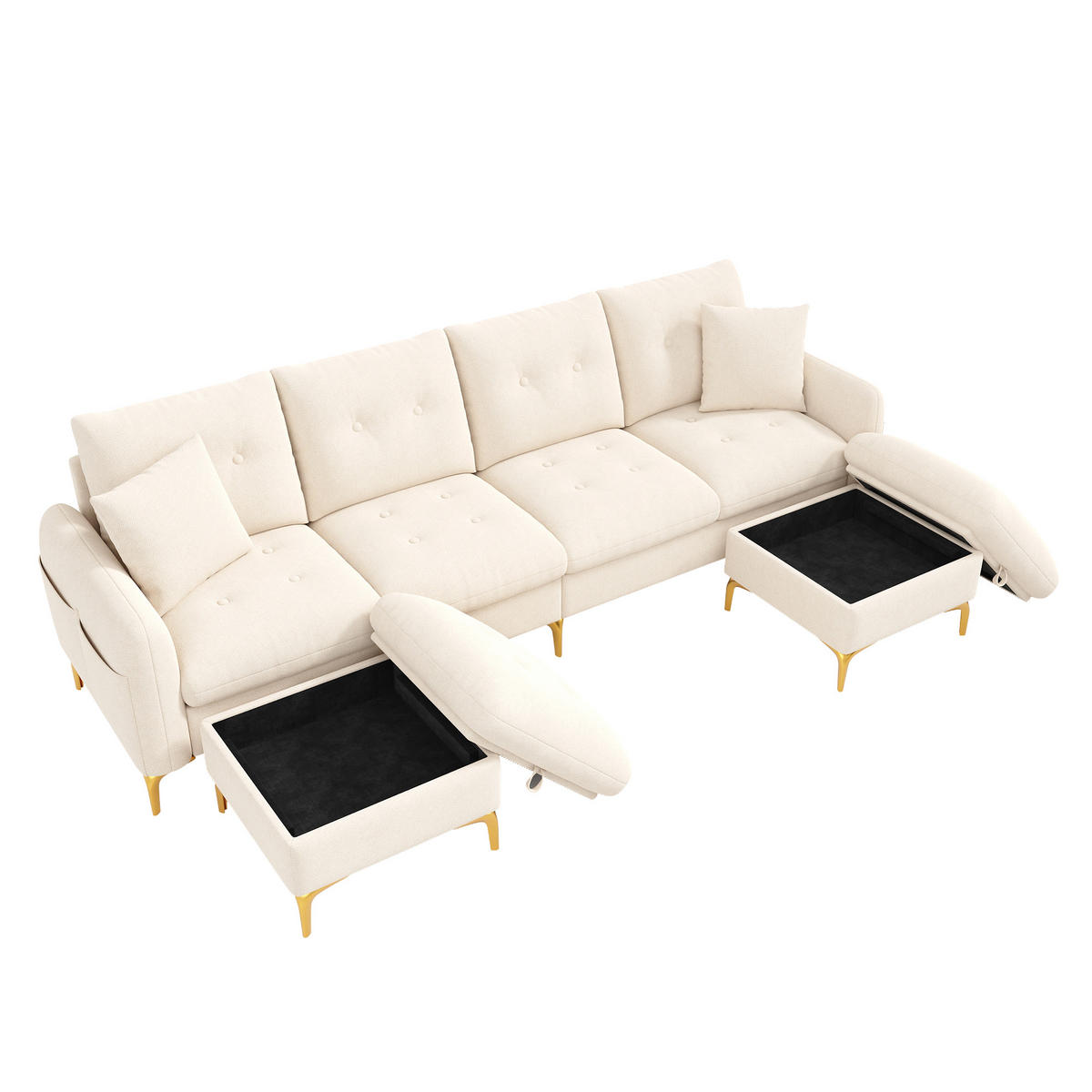 WOHNLANDSCHAFT U-Form 4-Sitzer mit 2 Stauraumhockern, DE-42504, Beige - Beige, Holzwerkstoff (263/85/137cm) - ComfortXL