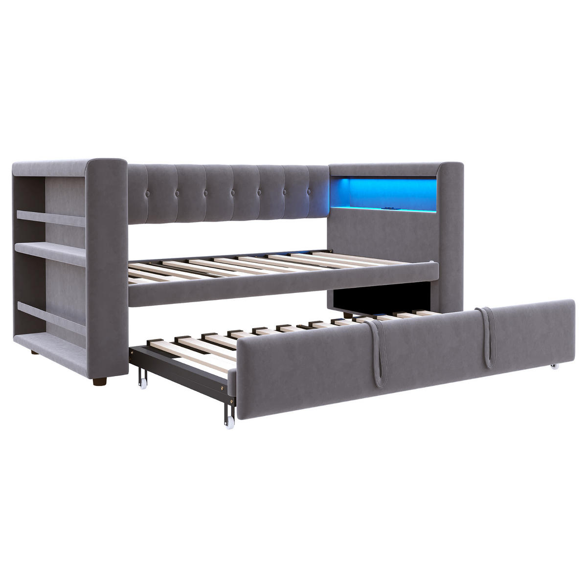 SCHLAFSOFA 90/190 cm & 180/190 cm in Dunkelgrau Stoff mit Stauraum, LED und Steckdose - Dunkelgrau, Holzwerkstoff/Textil (90/190cm) - WISHDOR