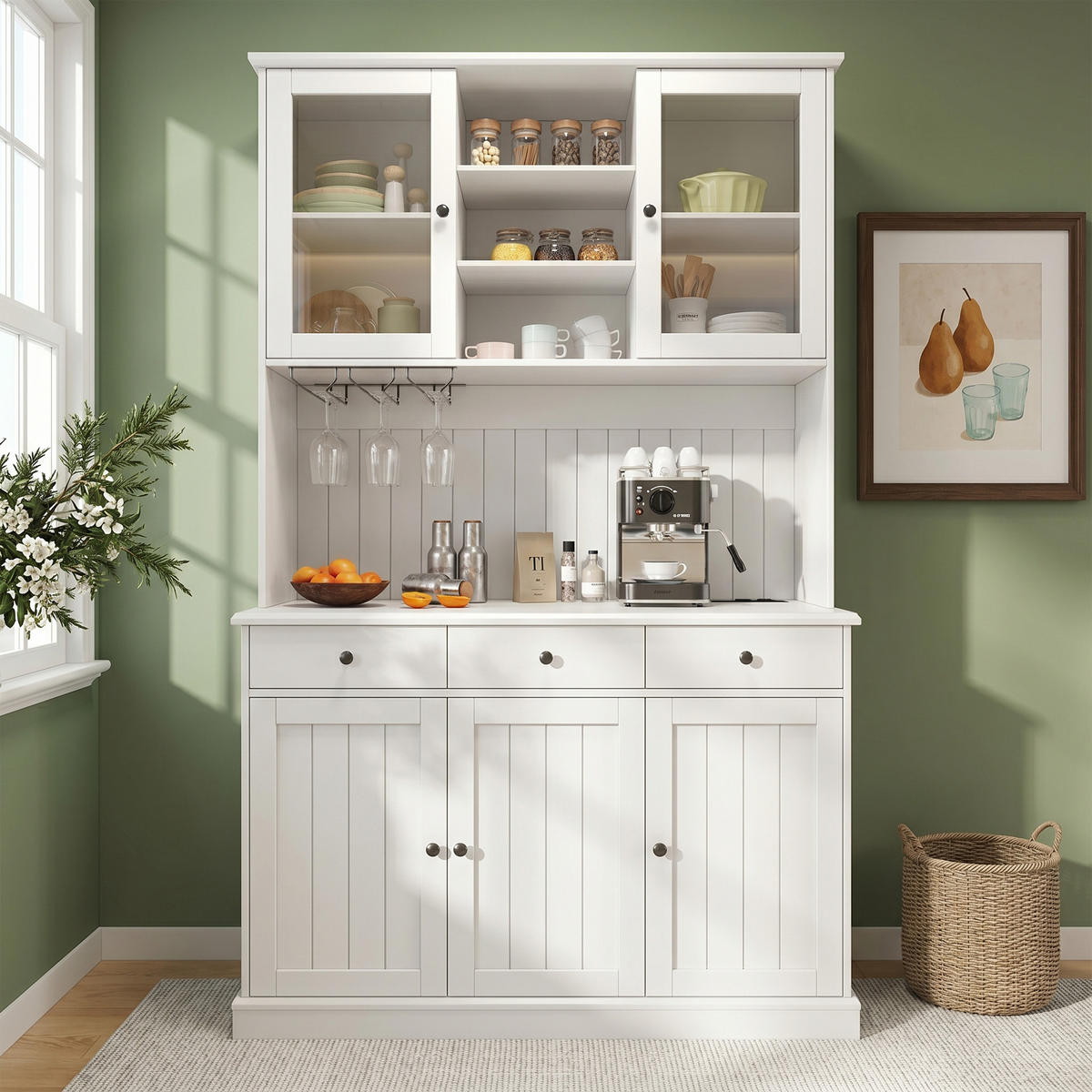 BUFFETSCHRANK 120x40x191 cm, Glastüren, Gläserhalter, 2 Steckdosen, USB-A/USB-C-Anschlüsse, Weiß - Weiß, Holzwerkstoff (120/191/40cm) - FOHERE